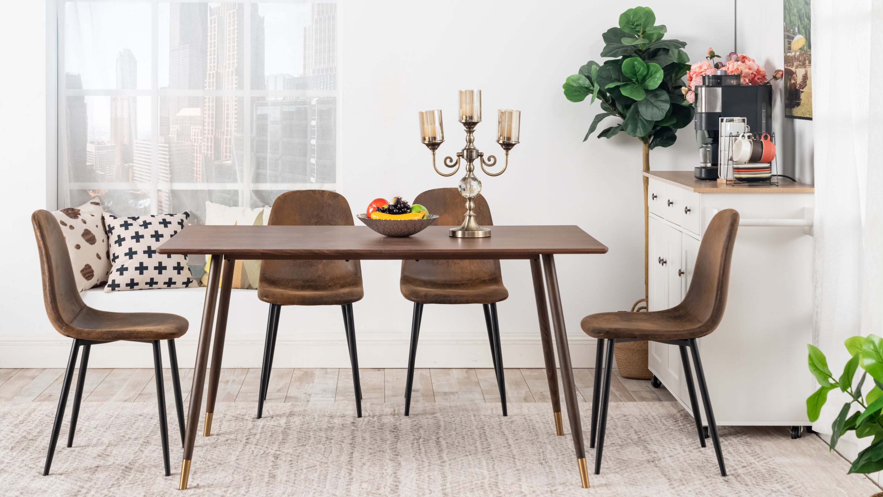 Homy Casa Rosa 5PC Dining Set 47” Rectangular Walnut Wooden Dining Table with 4 Charlton Suede Brown Dining Chair