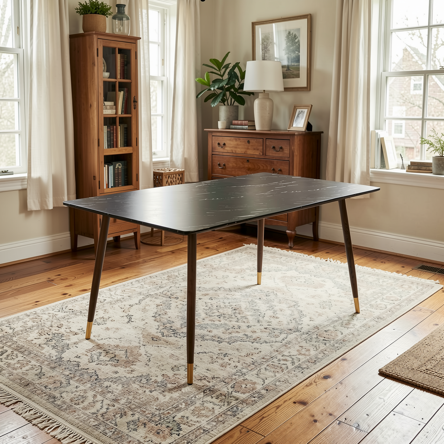 Homy Casa Rosa 5PC Dining Set 55” Black Marble Table with 4 Pomona Beige Fabric Chairs Mid-Century Modern