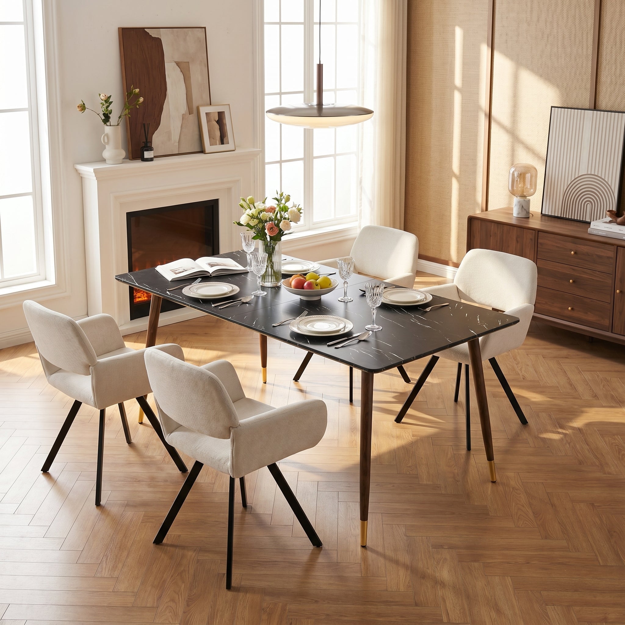 Homy Casa Rosa 5PC Dining Set 55” Black Marble Table with 4 California Swivel Beige Chairs Mid-Century Modern