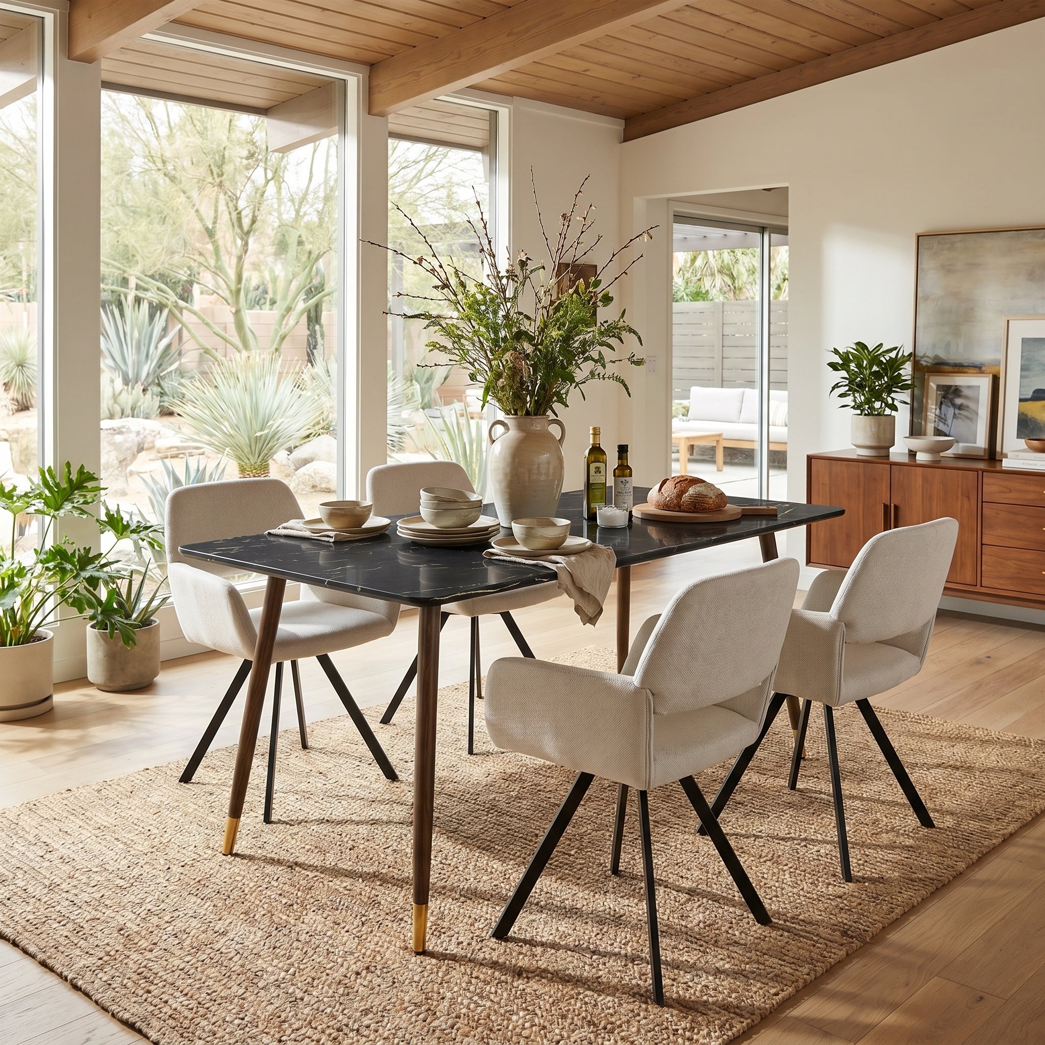 Homy Casa Rosa 5PC Dining Set 55” Black Marble Table with 4 California Swivel Beige Chairs Mid-Century Modern