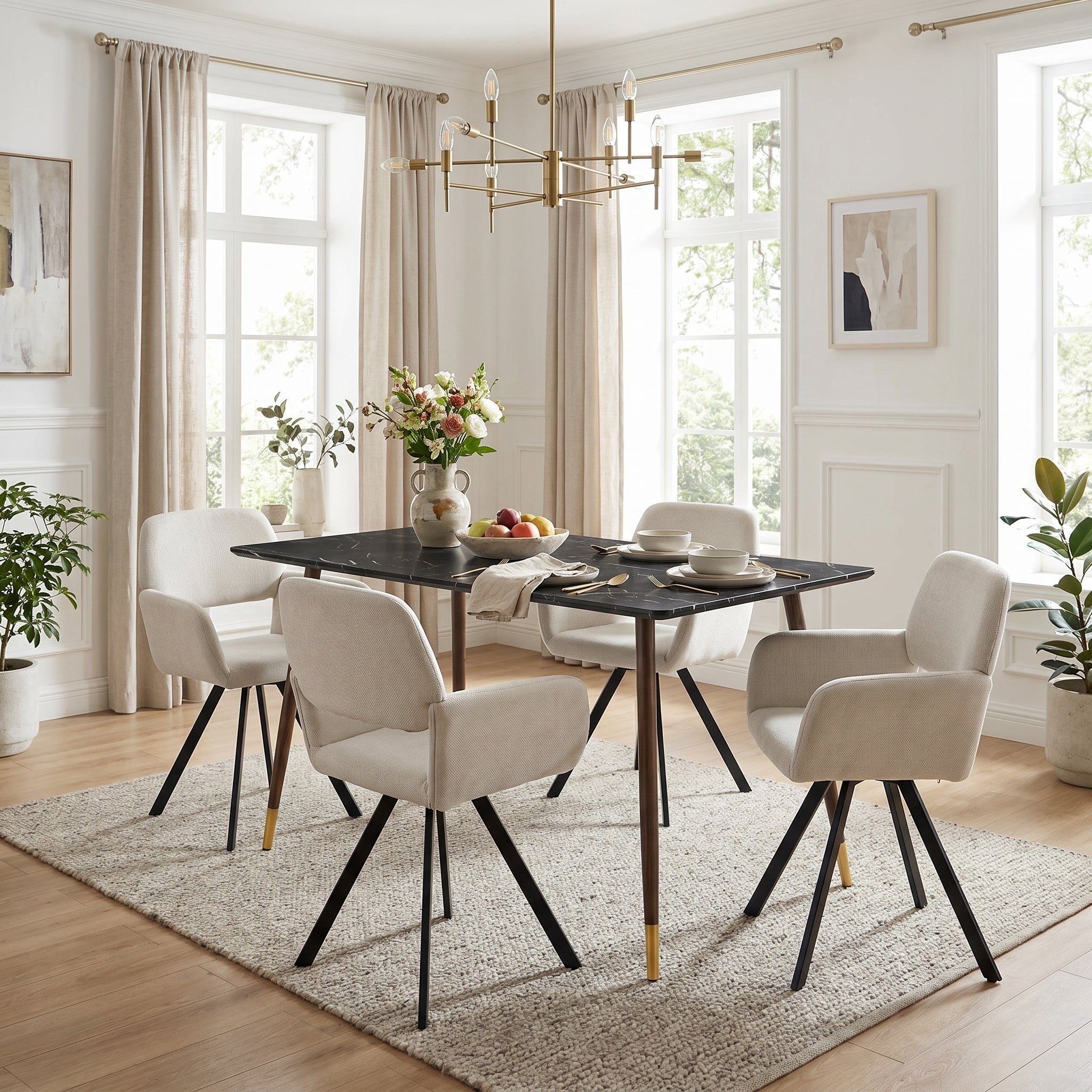 Homy Casa Rosa 5PC Dining Set 55” Black Marble Table with 4 California Swivel Beige Chairs Mid-Century Modern