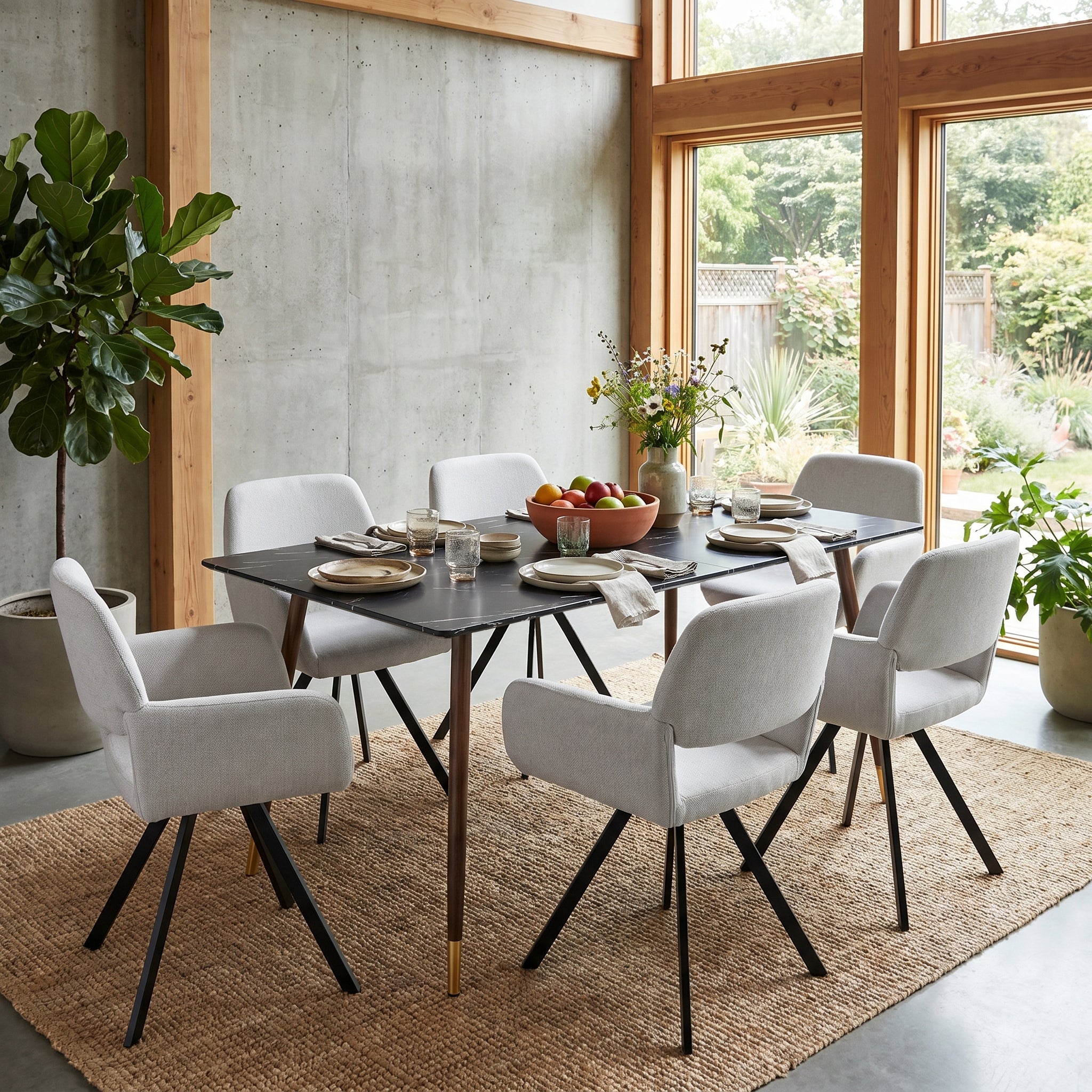 Homy Casa Rosa 7PC Dining Set 55” Black Marble Table with 6 California Swivel Beige Chairs Mid-Century Modern