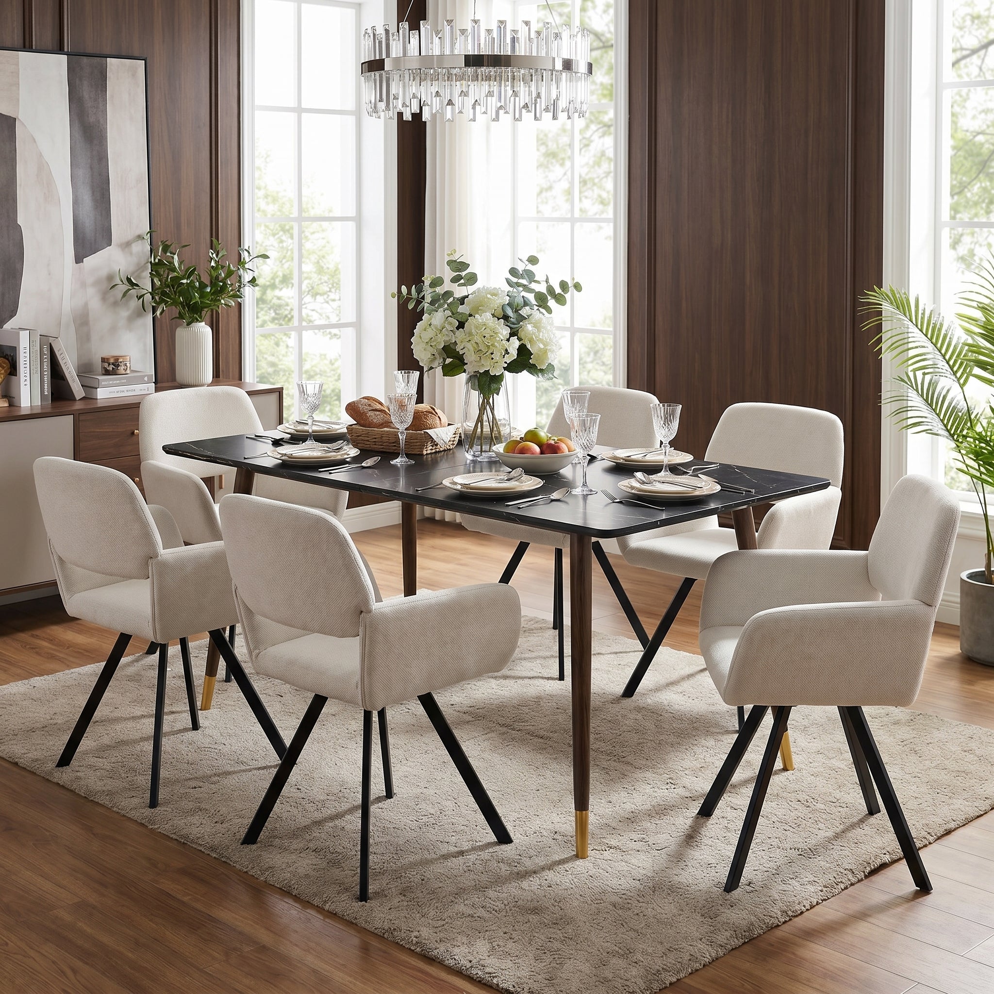 Homy Casa Rosa 7PC Dining Set 55” Black Marble Table with 6 California Swivel Beige Chairs Mid-Century Modern