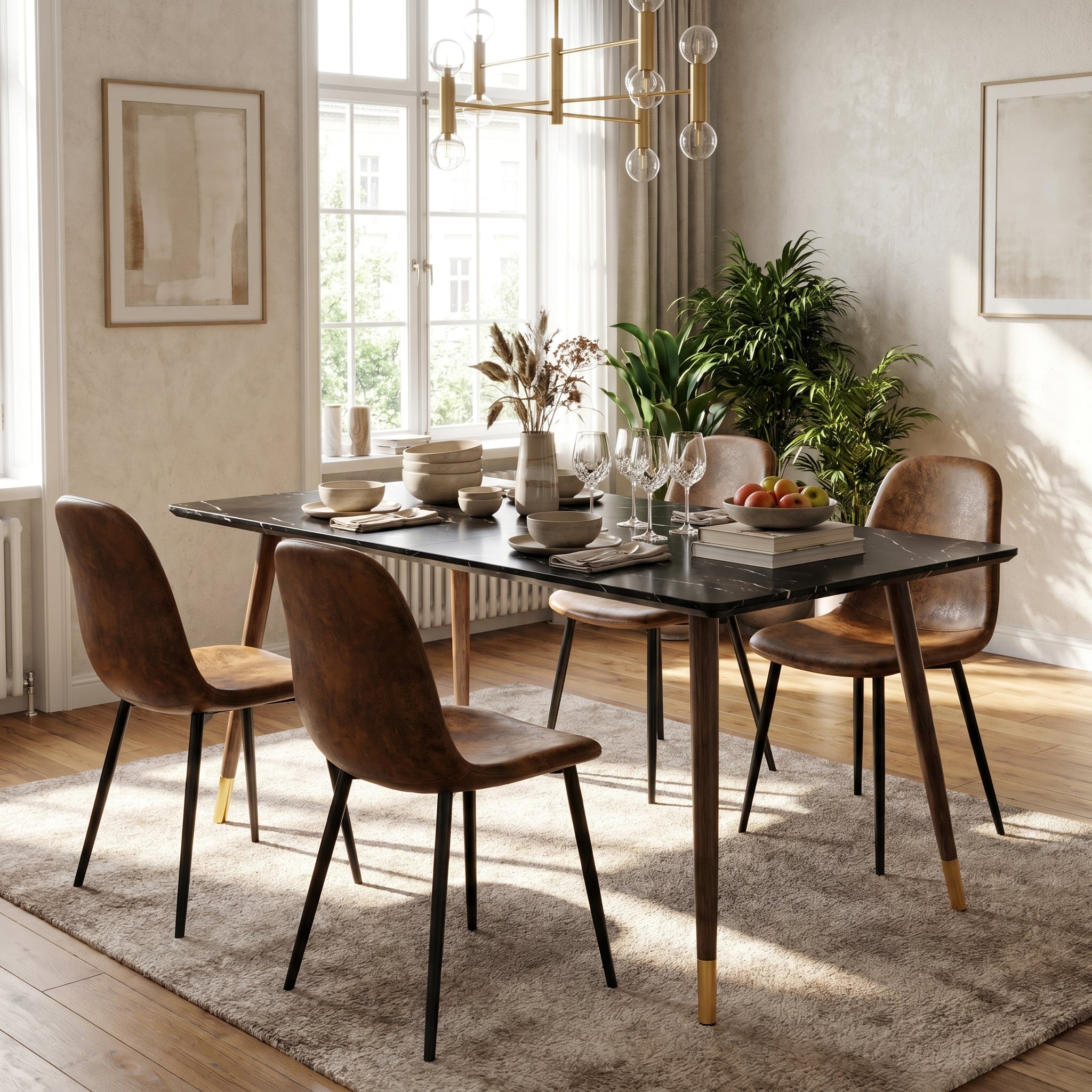 Homy Casa Rosa 5PC Dining Set 55" Marble Black Table with 4 Charlton Suede Brwon Chairs Mid Century Style