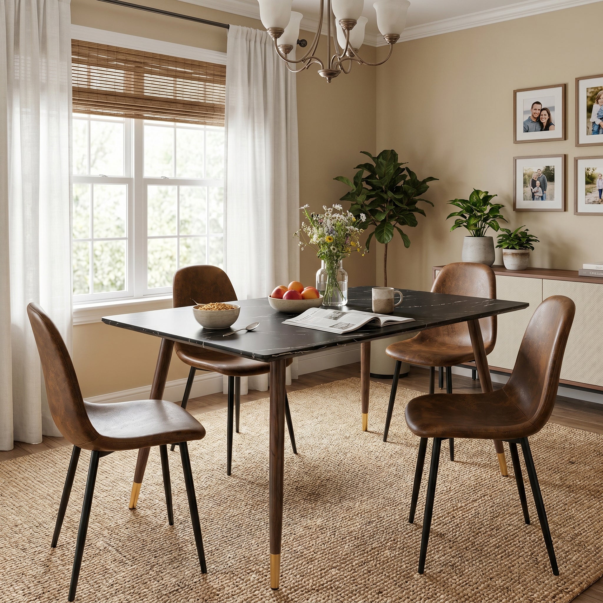 Homy Casa Rosa 5PC Dining Set 55" Marble Black Table with 4 Charlton Suede Brwon Chairs Mid Century Style
