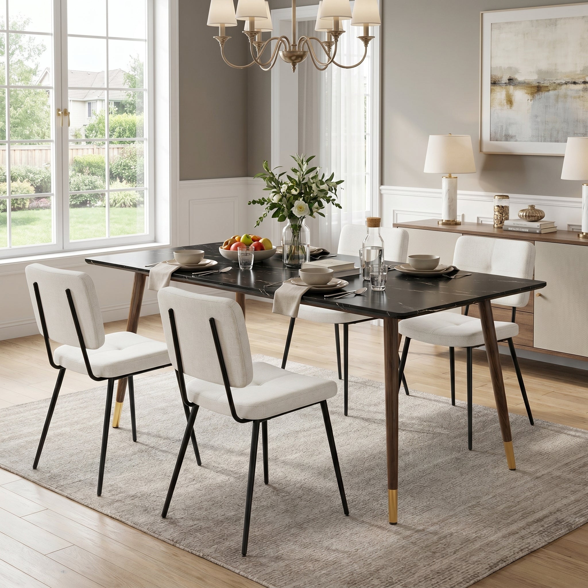 Homy Casa Rosa 5PC Dining Set 55” Black Marble Table with 4 Pomona Beige Fabric Chairs Mid-Century Modern