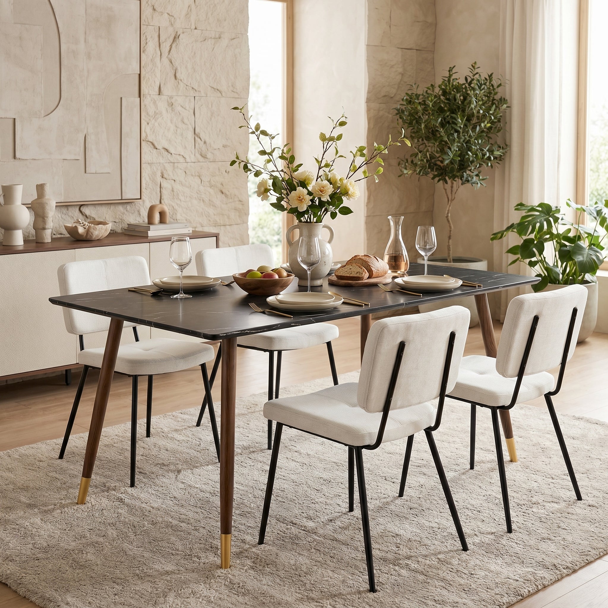 Homy Casa Rosa 5PC Dining Set 55” Black Marble Table with 4 Pomona Beige Fabric Chairs Mid-Century Modern