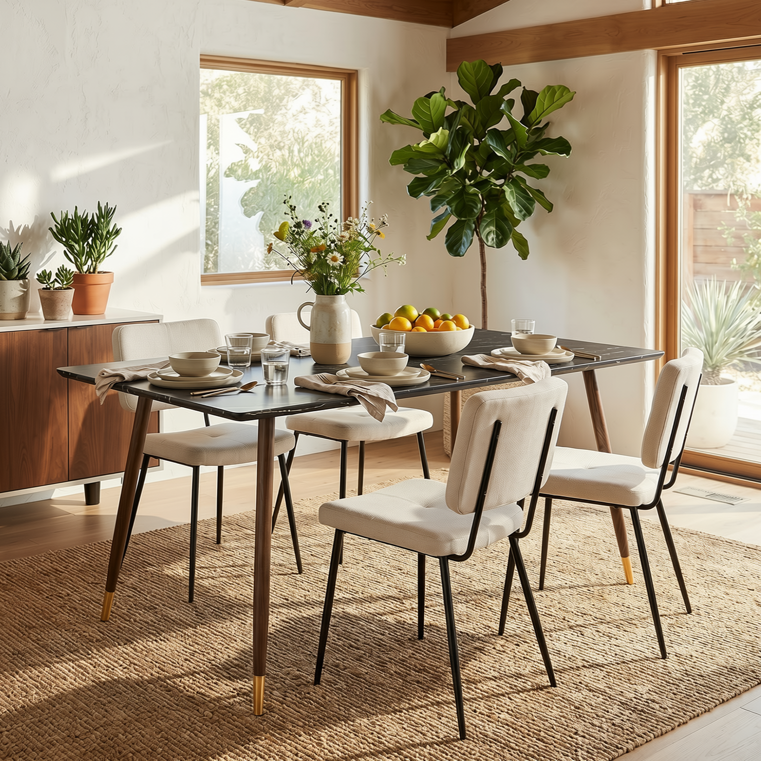 Homy Casa Rosa 5PC Dining Set 55” Black Marble Table with 4 Pomona Beige Fabric Chairs Mid-Century Modern