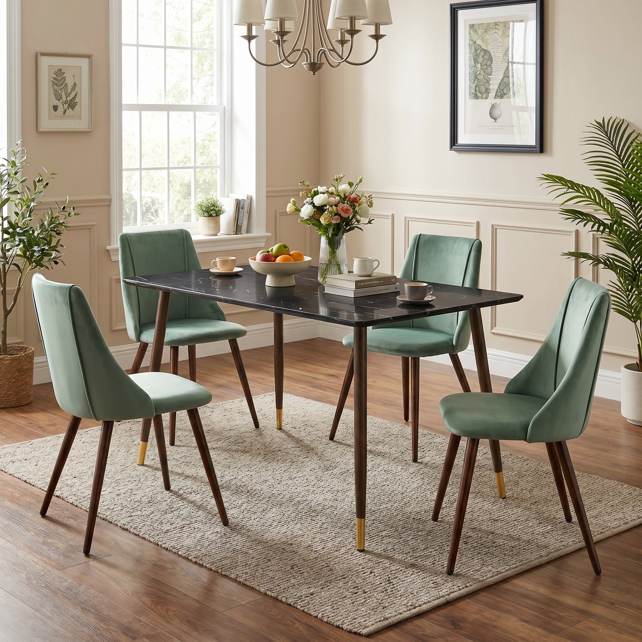 Homy Casa Rosa 5PC Dining Set 55” Black Marble Table with 4 Smeg Cactus Green Velvet Chairs Mid-Century Modern
