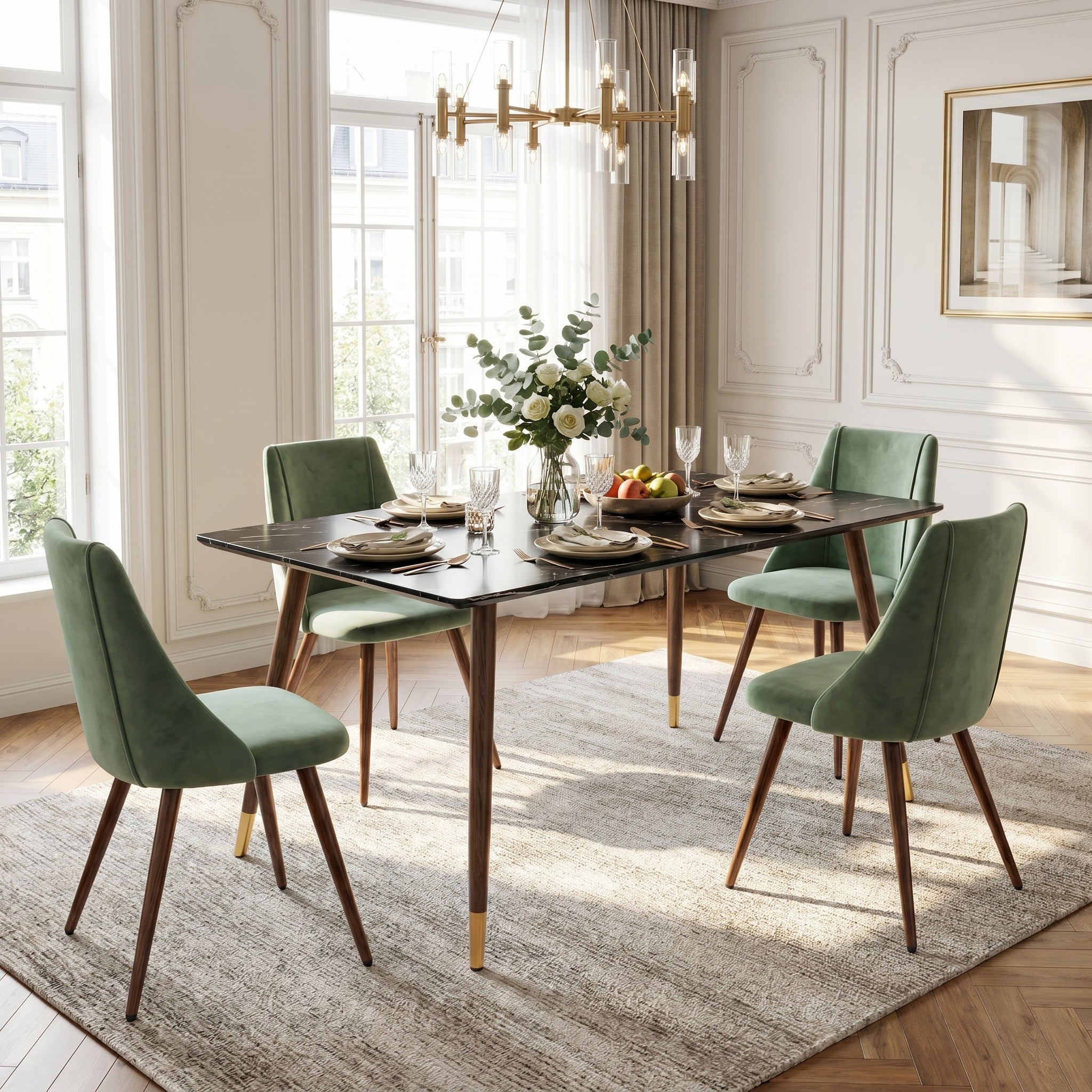 Homy Casa Rosa 5PC Dining Set 55” Black Marble Table with 4 Smeg Cactus Green Velvet Chairs Mid-Century Modern