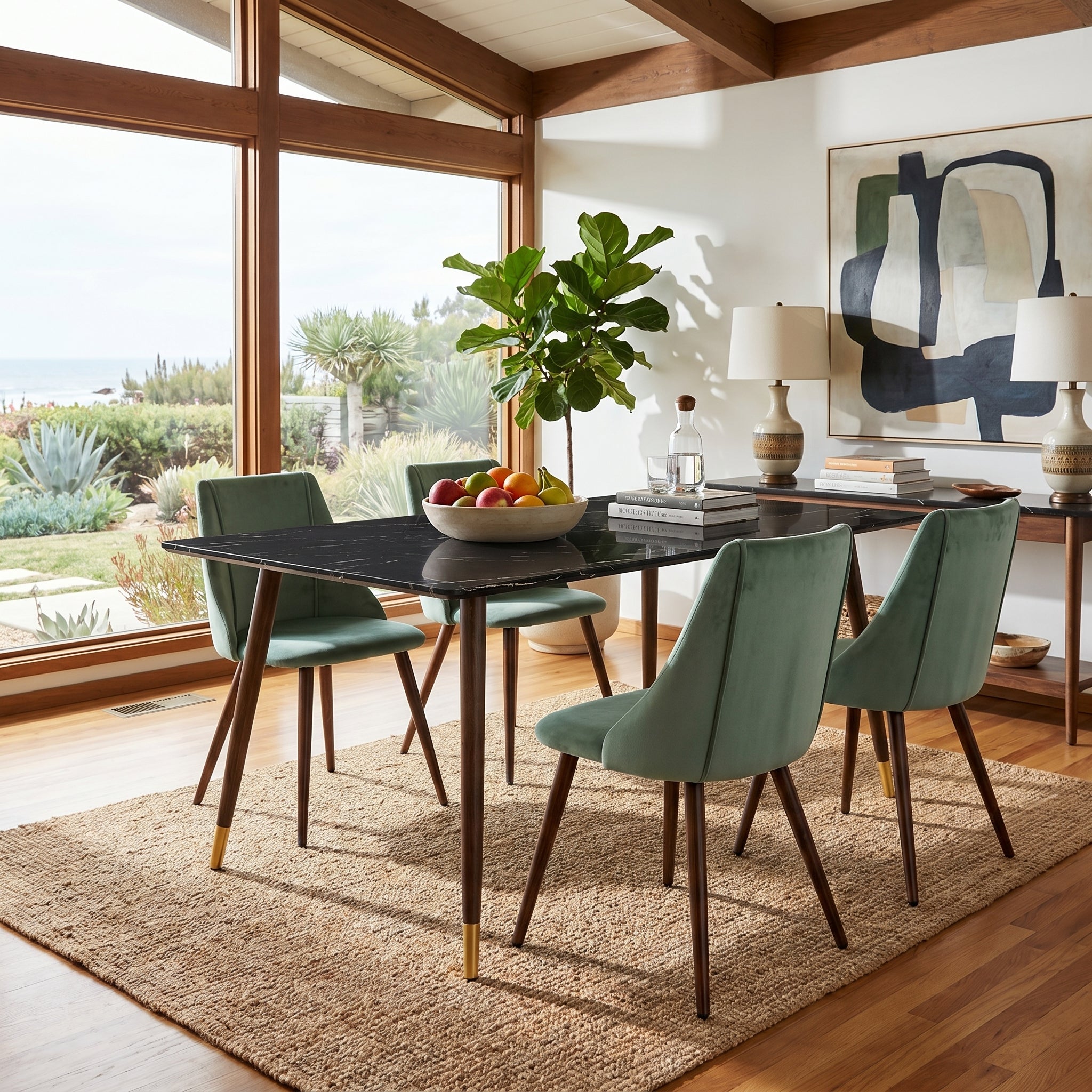 Homy Casa Rosa 5PC Dining Set 55” Black Marble Table with 4 Smeg Cactus Green Velvet Chairs Mid-Century Modern