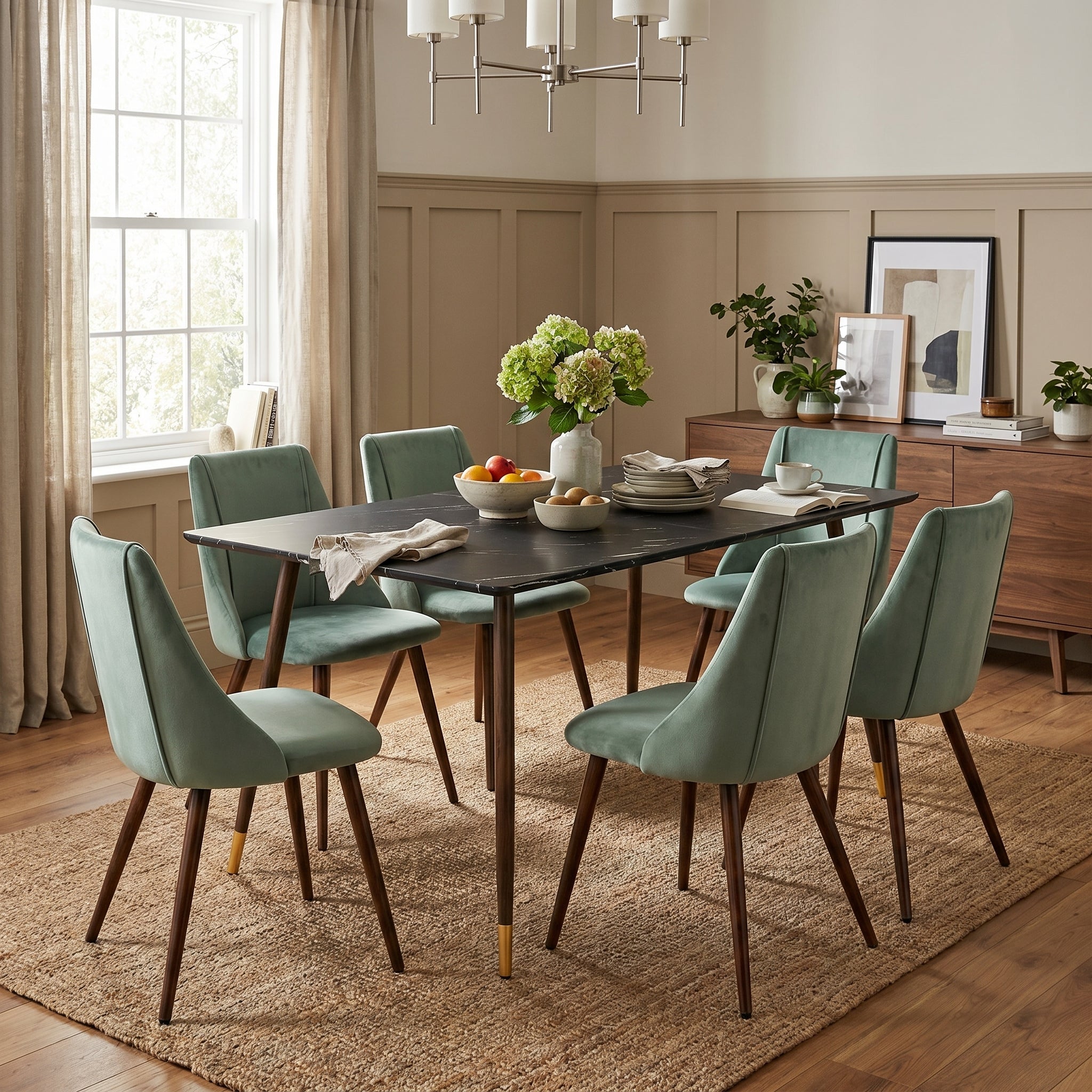 Homy Casa Rosa 7PC Dining Set 55” Black Marble Table with 6 Smeg Cactus Green Velvet Chairs Mid-Century Modern