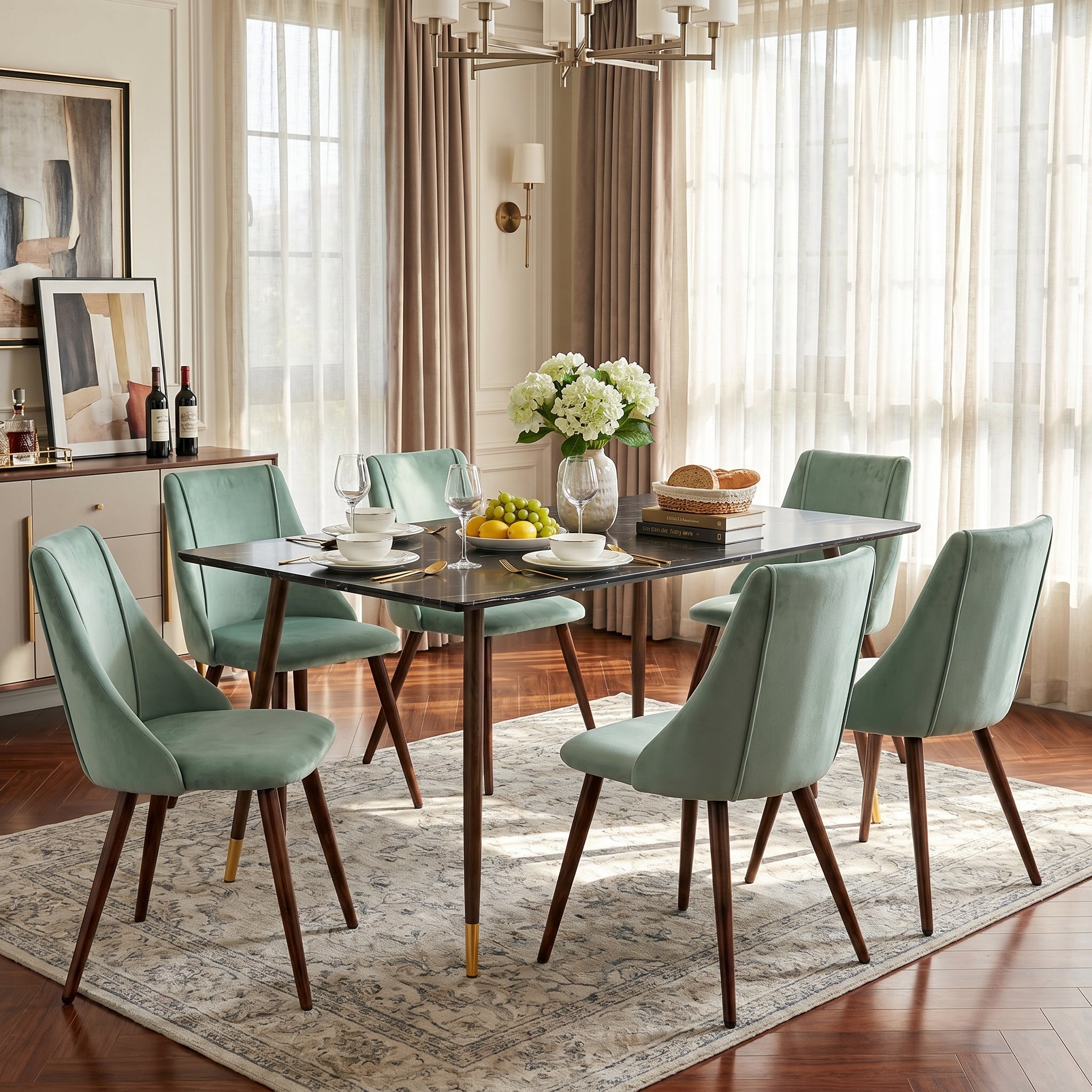 Homy Casa Rosa 7PC Dining Set 55” Black Marble Table with 6 Smeg Cactus Green Velvet Chairs Mid-Century Modern
