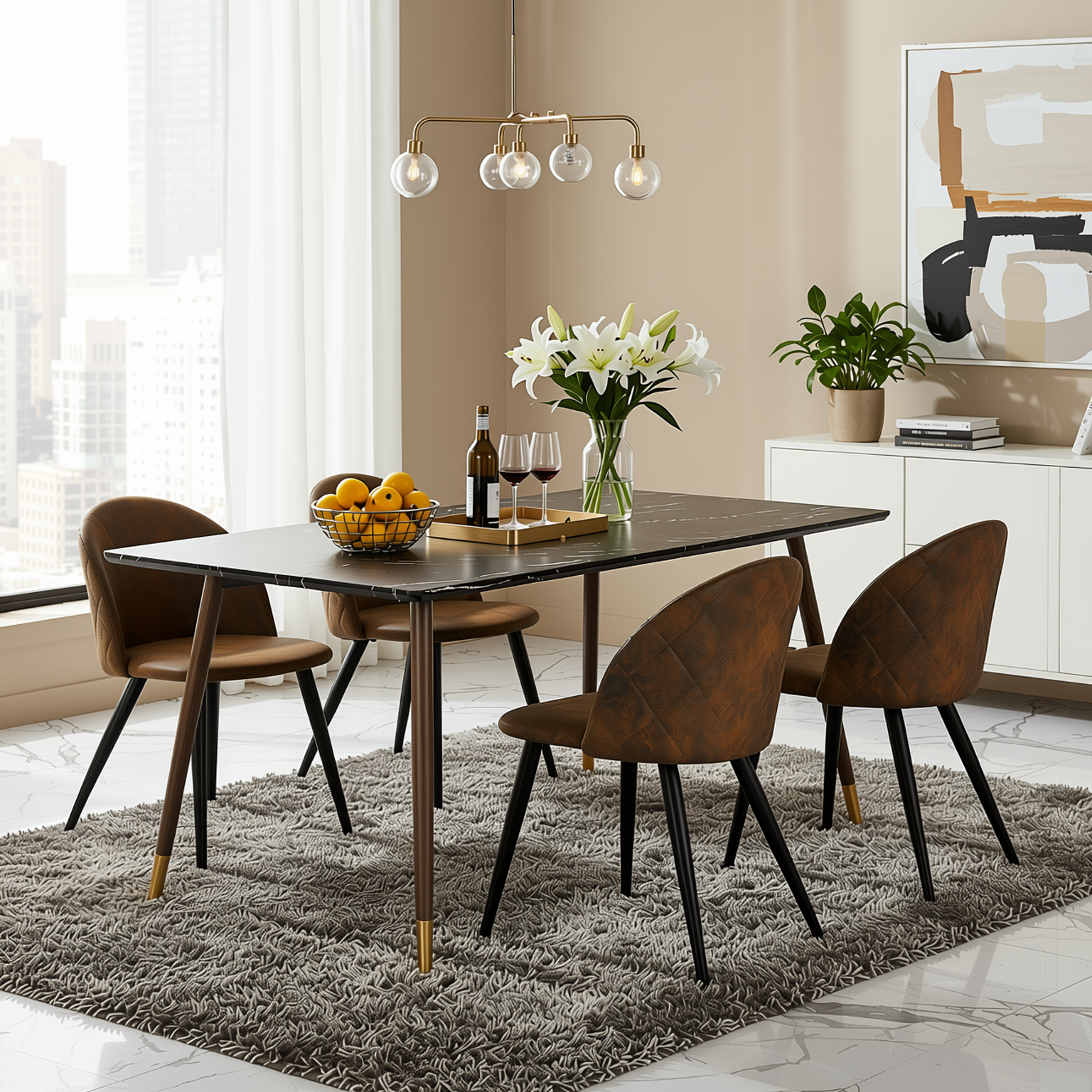 Homy Casa Rosa 5PC Modern Luxury Dining Set 55” Black Marble Table with 4 Zomba Suede Brown Chairs