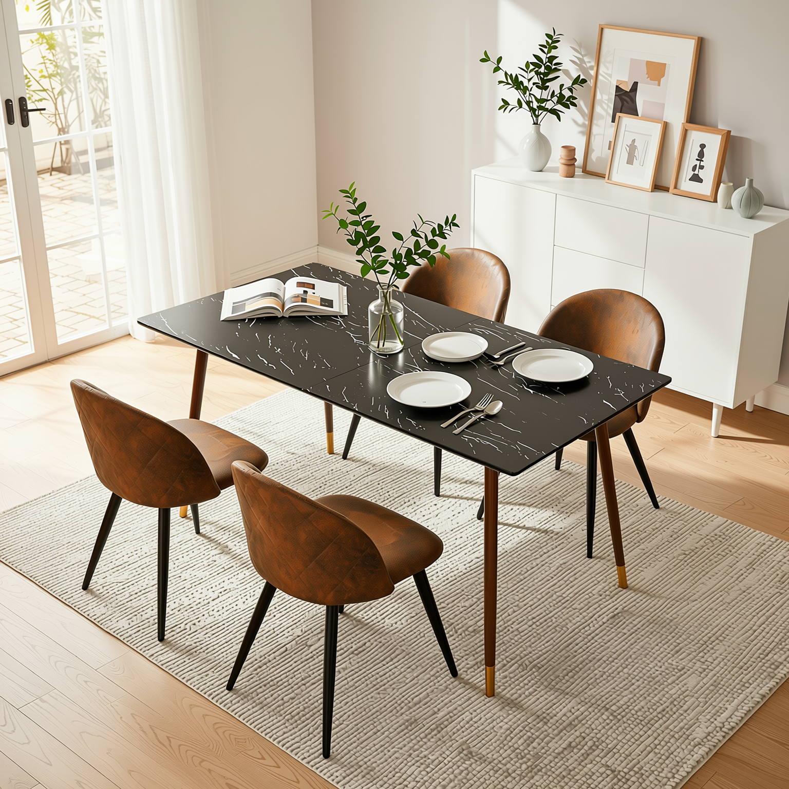 Homy Casa Rosa 5PC Modern Luxury Dining Set 55” Black Marble Table with 4 Zomba Suede Brown Chairs