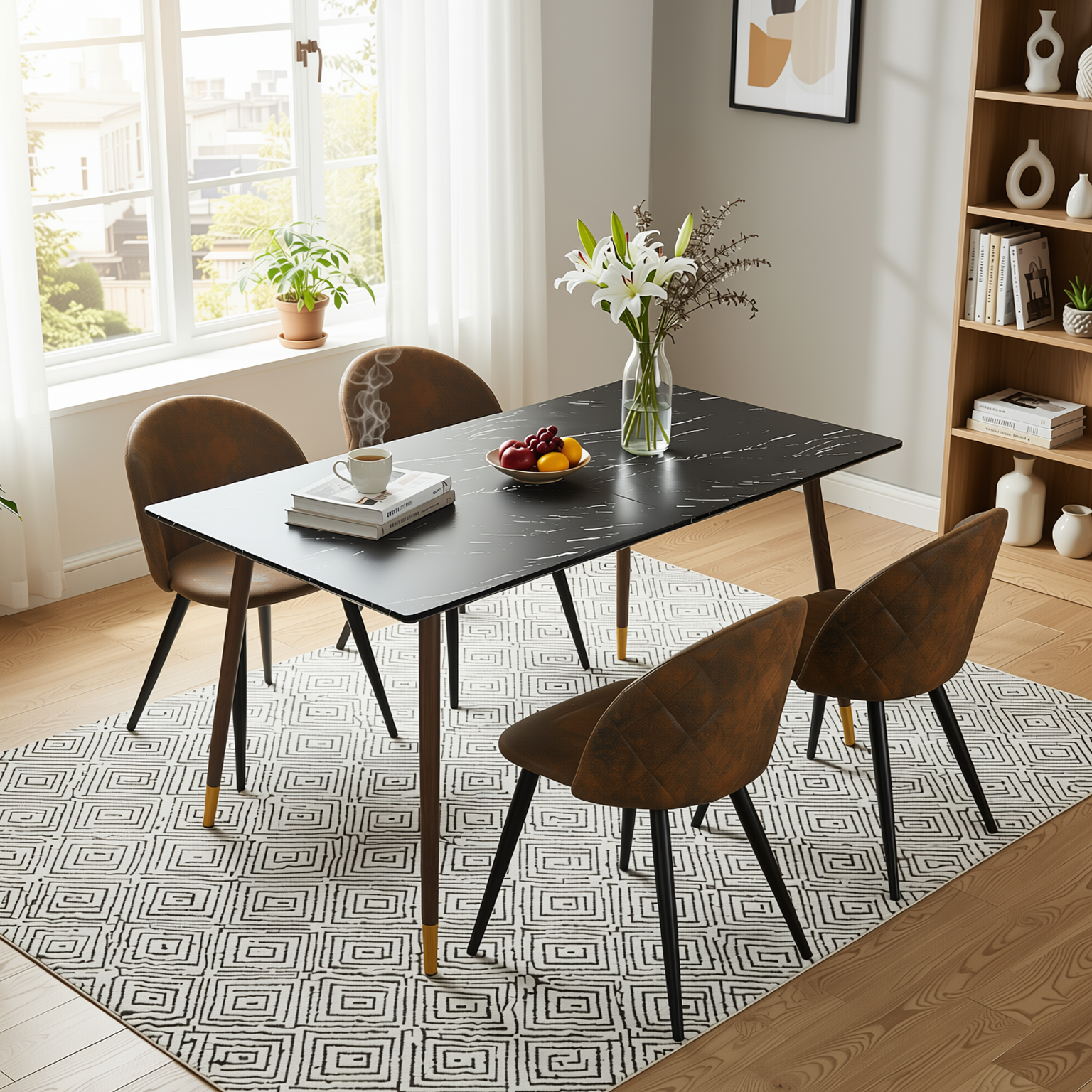 Homy Casa Rosa 5PC Modern Luxury Dining Set 55” Black Marble Table with 4 Zomba Suede Brown Chairs