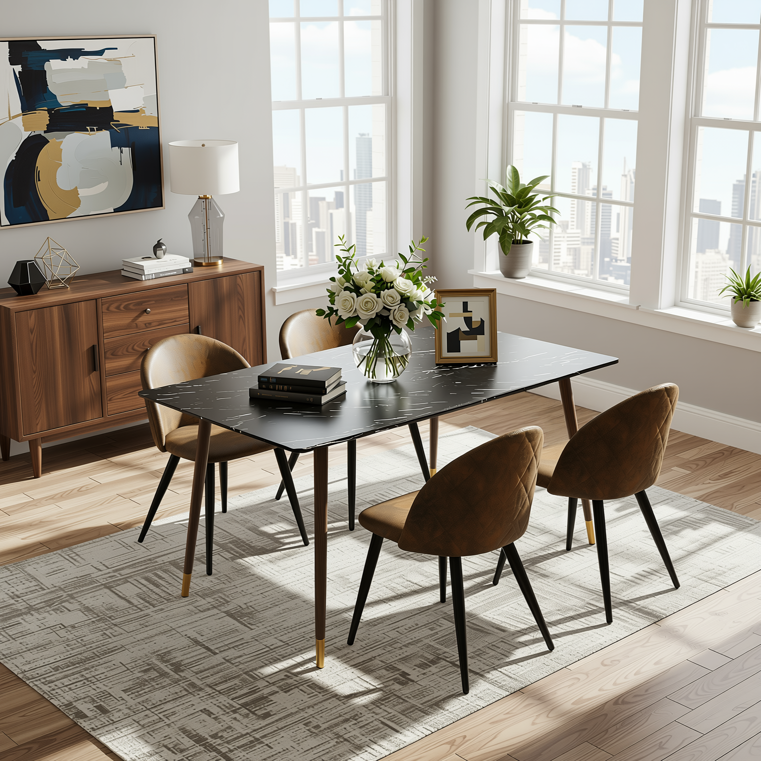 Homy Casa Rosa 5PC Modern Luxury Dining Set 55” Black Marble Table with 4 Zomba Suede Brown Chairs