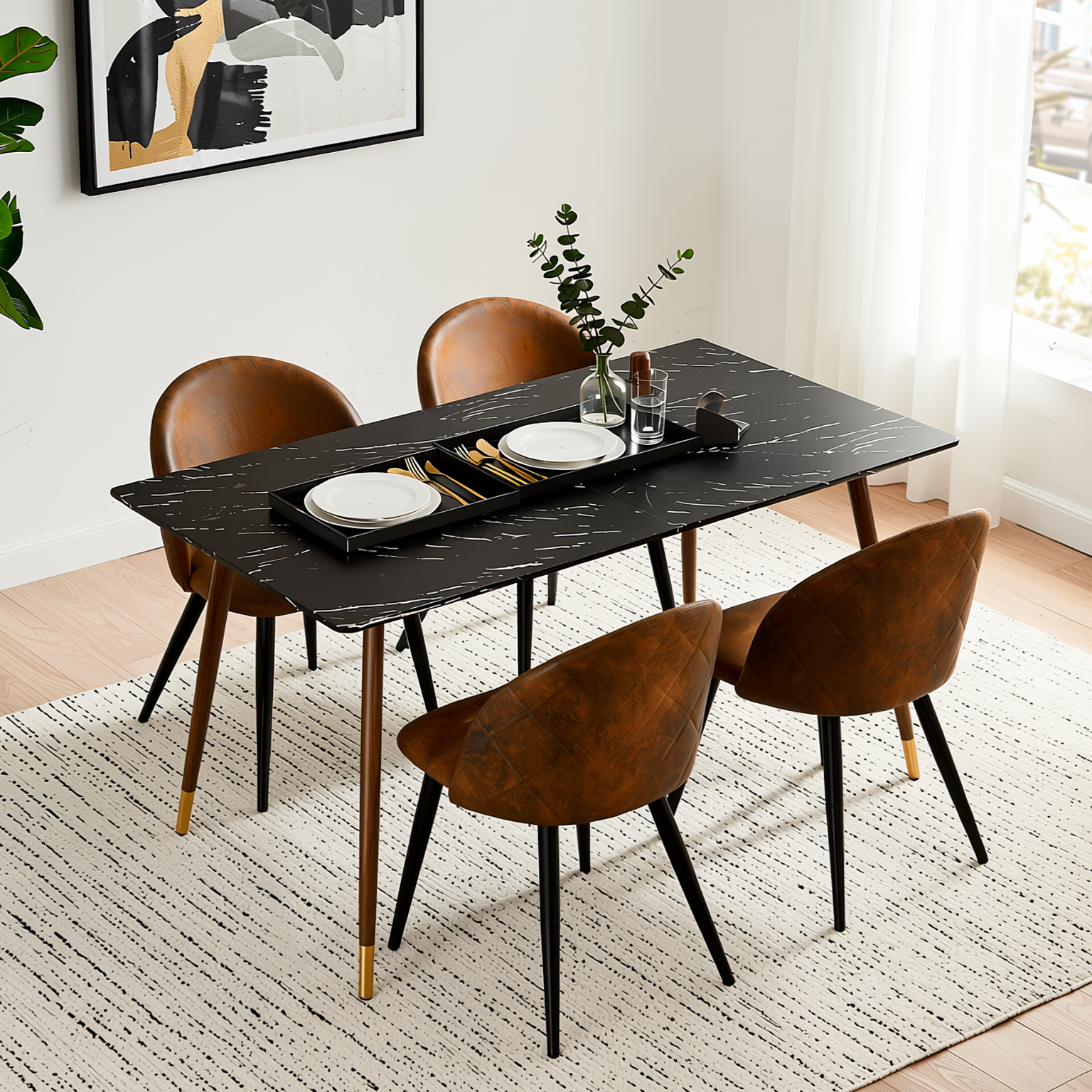 Homy Casa Rosa 5PC Modern Luxury Dining Set 55” Black Marble Table with 4 Zomba Suede Brown Chairs