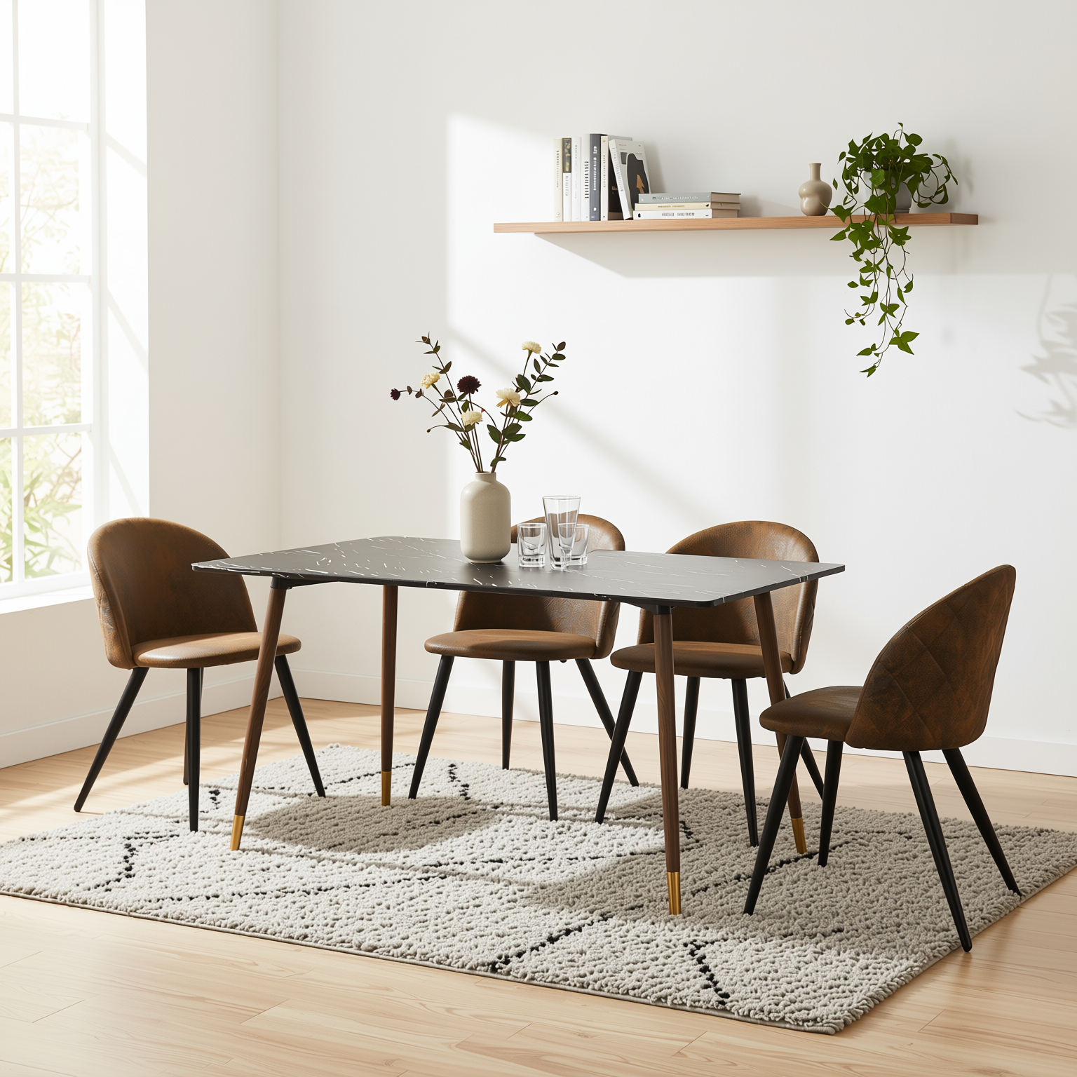 Homy Casa Rosa 5PC Modern Luxury Dining Set 55” Black Marble Table with 4 Zomba Suede Brown Chairs