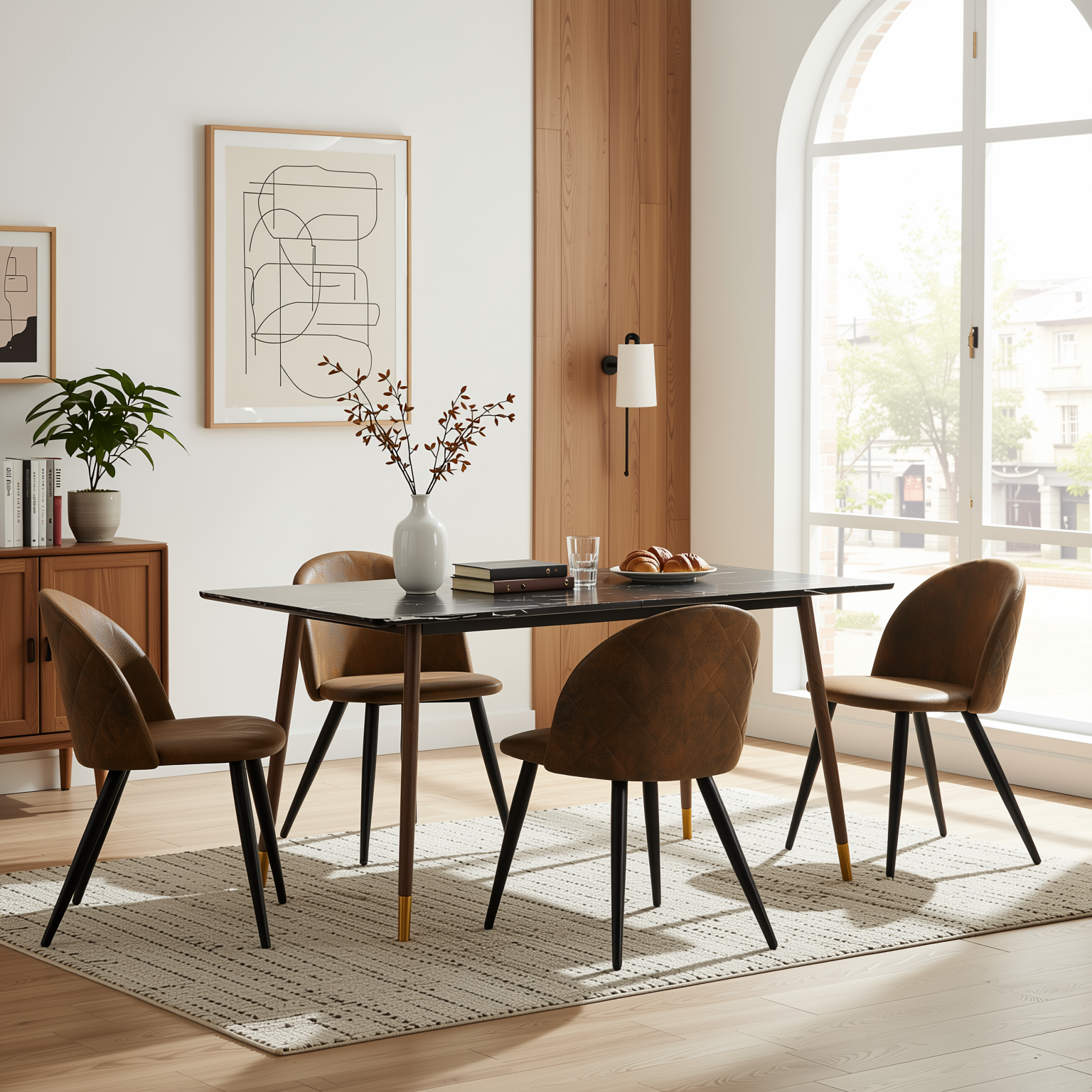 Homy Casa Rosa 5PC Modern Luxury Dining Set 55” Black Marble Table with 4 Zomba Suede Brown Chairs