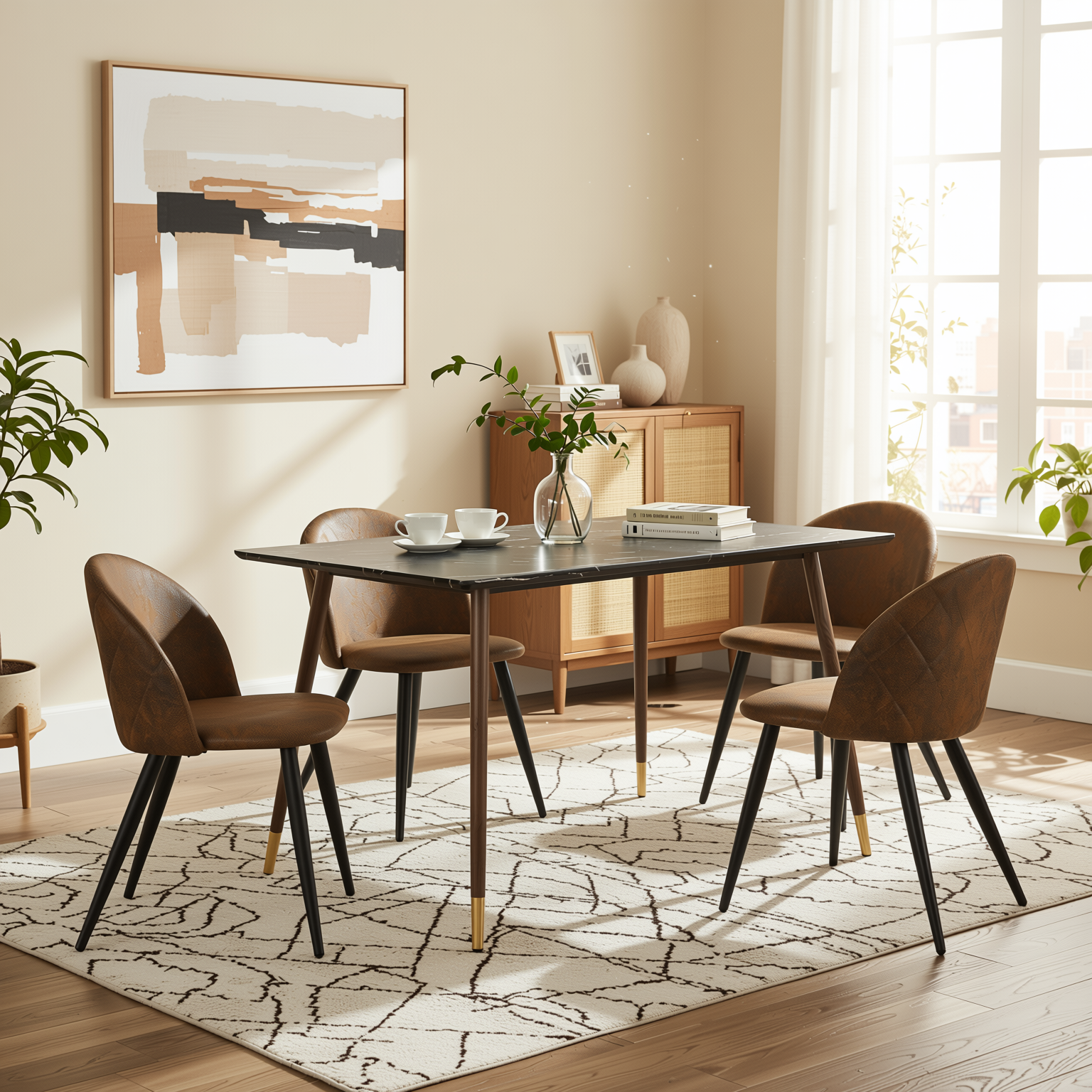 Homy Casa Rosa 5PC Modern Luxury Dining Set 55” Black Marble Table with 4 Zomba Suede Brown Chairs
