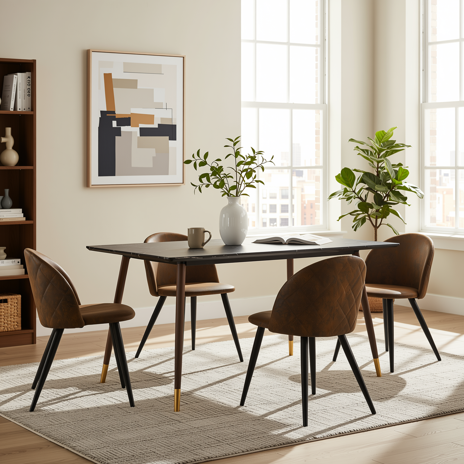 Homy Casa Rosa 5PC Modern Luxury Dining Set 55” Black Marble Table with 4 Zomba Suede Brown Chairs