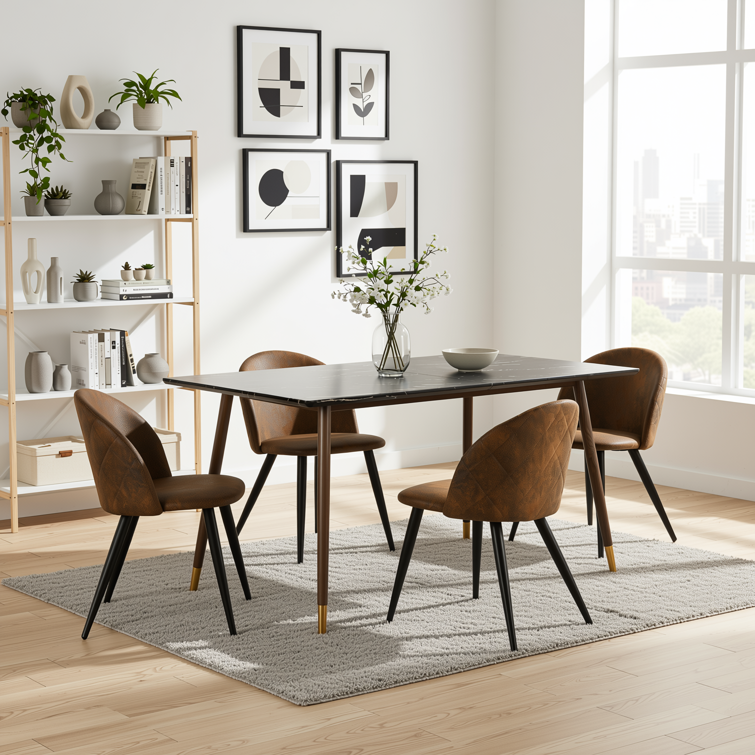 Homy Casa Rosa 5PC Modern Luxury Dining Set 55” Black Marble Table with 4 Zomba Suede Brown Chairs