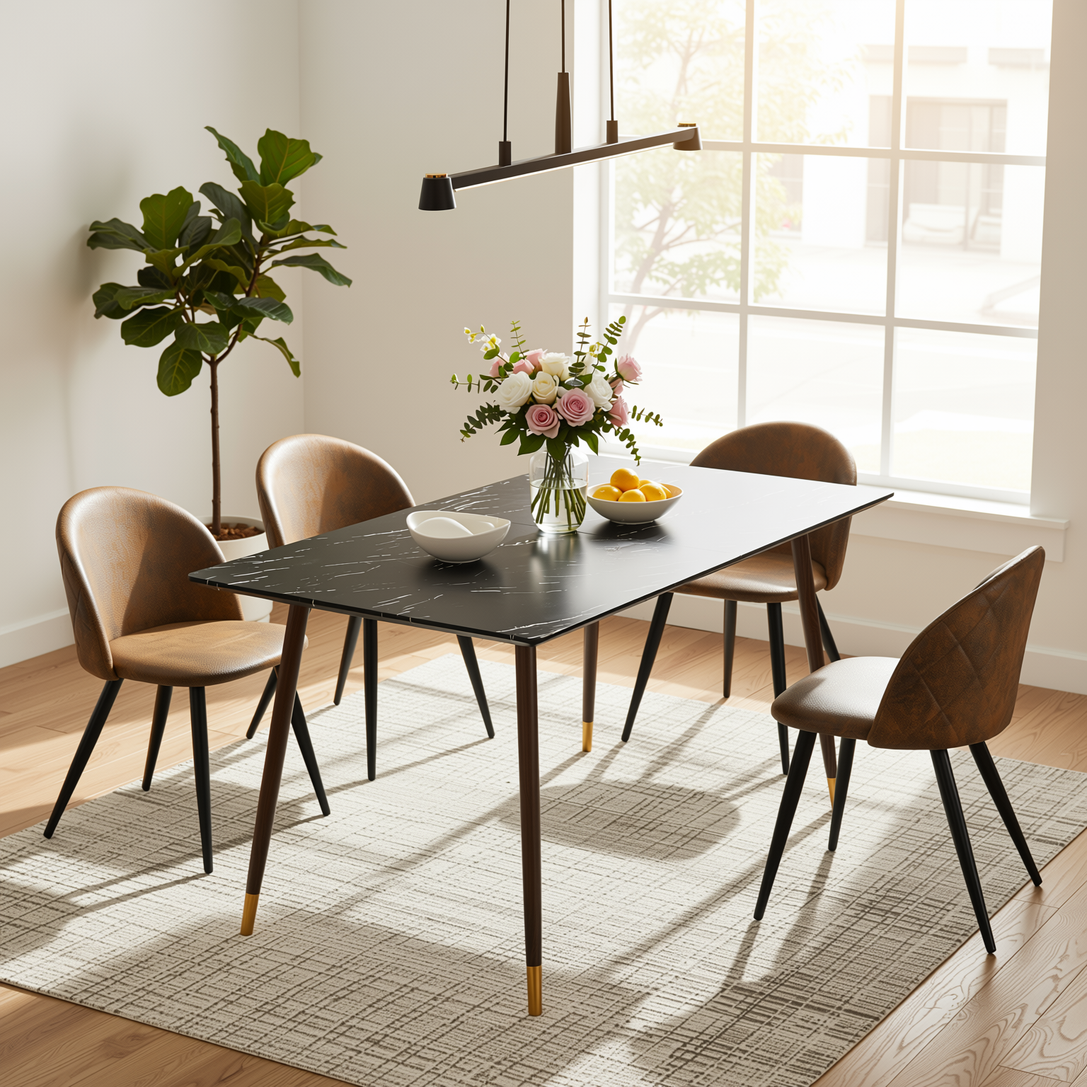 Homy Casa Rosa 5PC Modern Luxury Dining Set 55” Black Marble Table with 4 Zomba Suede Brown Chairs