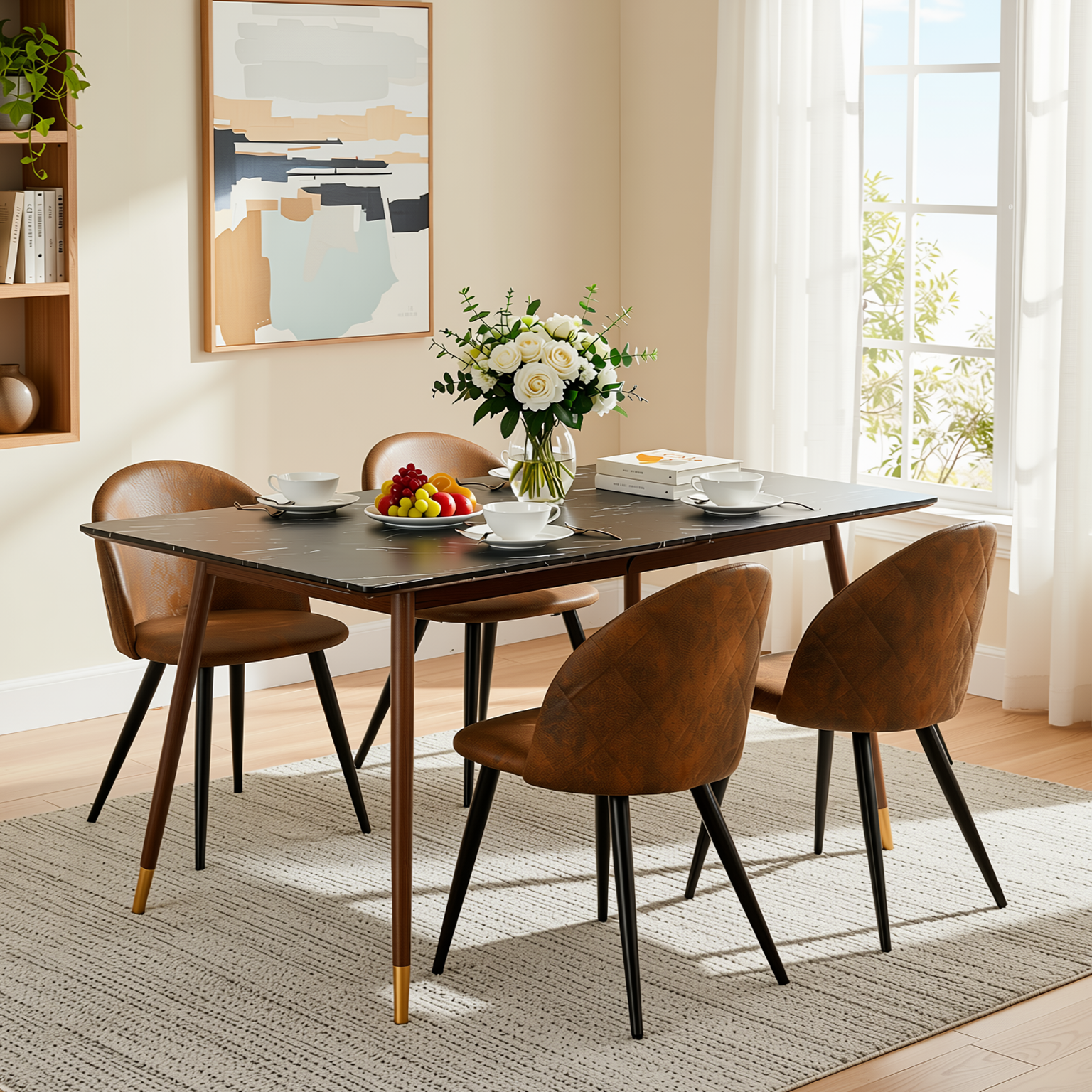 Homy Casa Rosa 5PC Modern Luxury Dining Set 55” Black Marble Table with 4 Zomba Suede Brown Chairs