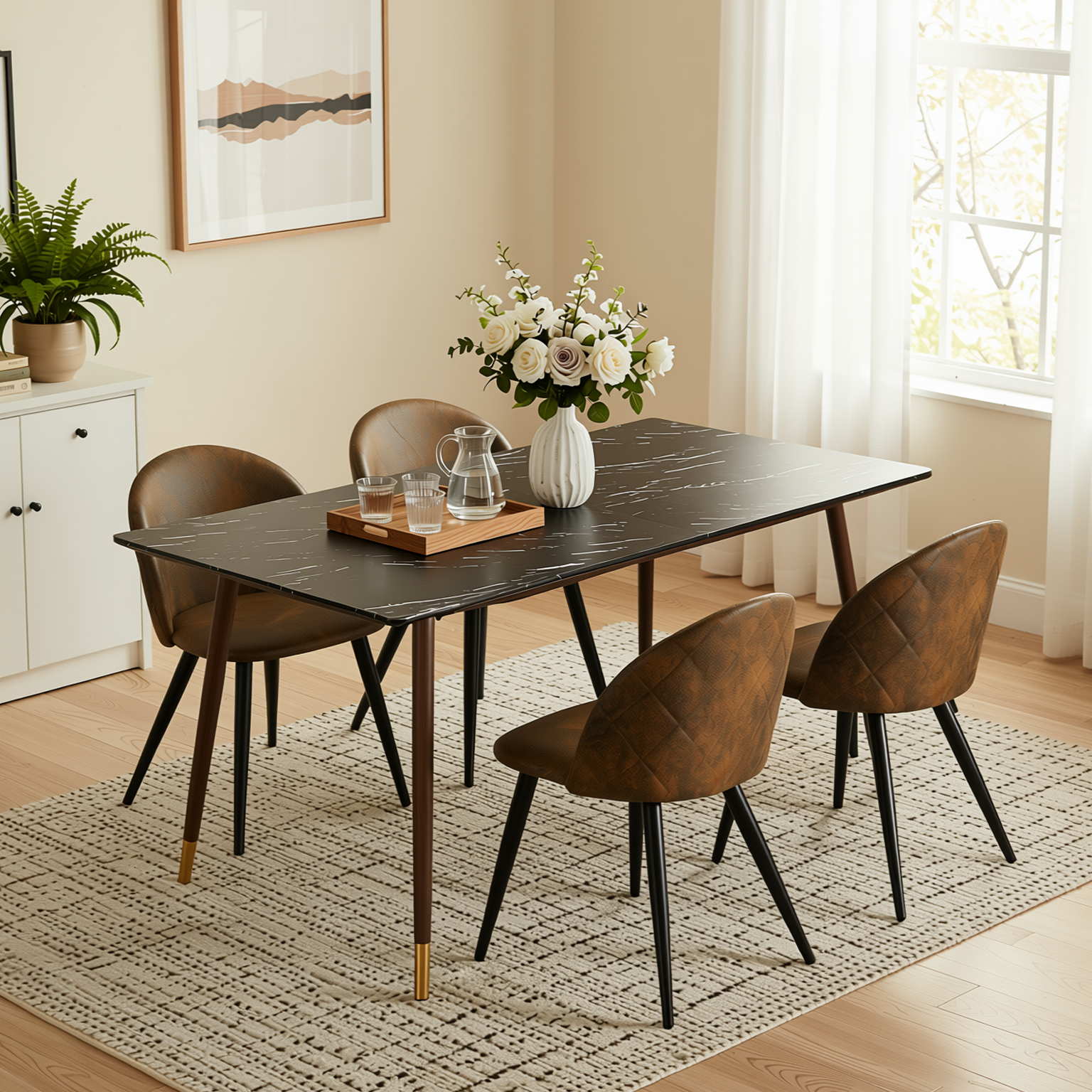 Homy Casa Rosa 5PC Modern Luxury Dining Set 55” Black Marble Table with 4 Zomba Suede Brown Chairs