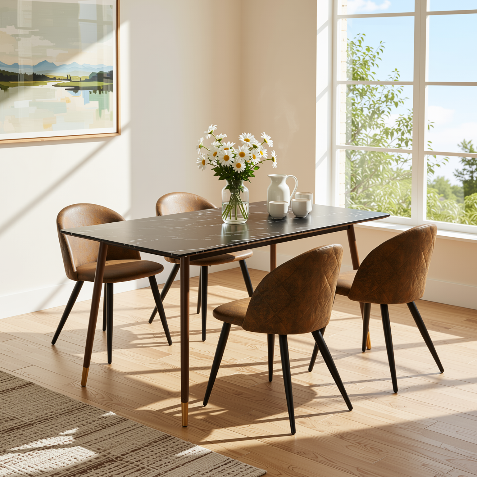 Homy Casa Rosa 5PC Modern Luxury Dining Set 55” Black Marble Table with 4 Zomba Suede Brown Chairs