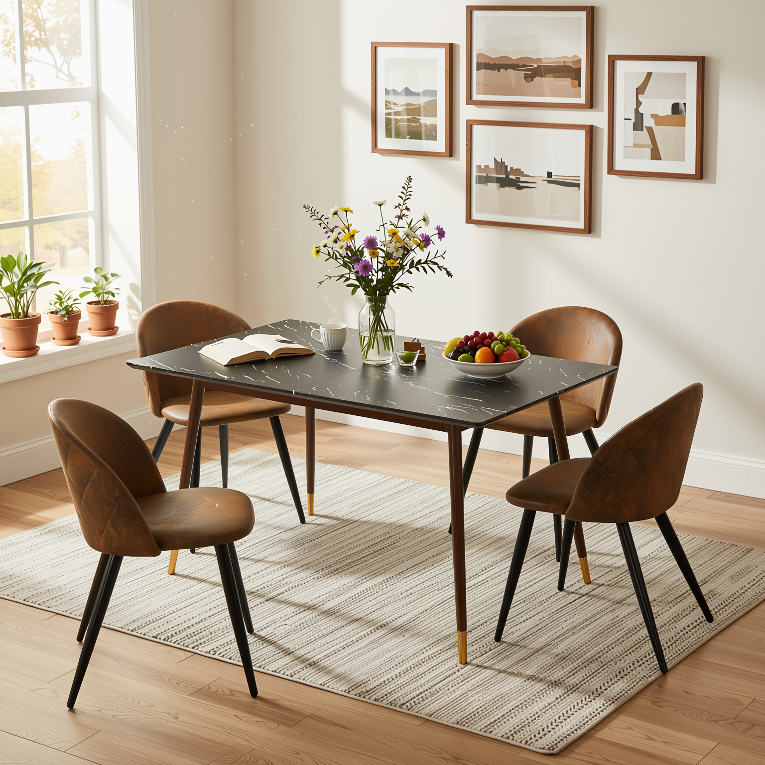 Homy Casa Rosa 5PC Modern Luxury Dining Set 55” Black Marble Table with 4 Zomba Suede Brown Chairs