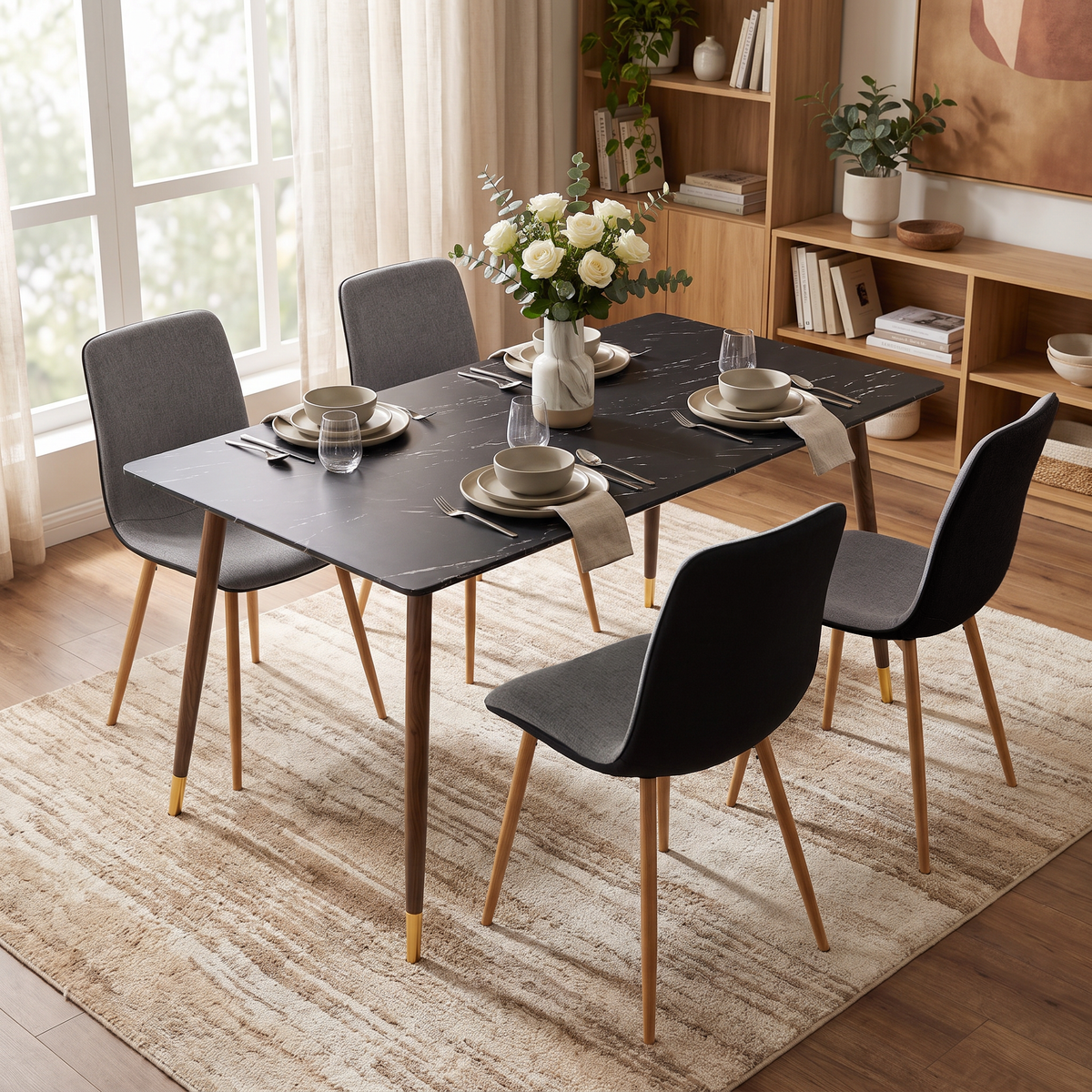 Homy Casa ROSA+SCARGILL 5-Piece Dining Set 55.1" Black Marble Dining Table with 4 Scargill Grey Chairs