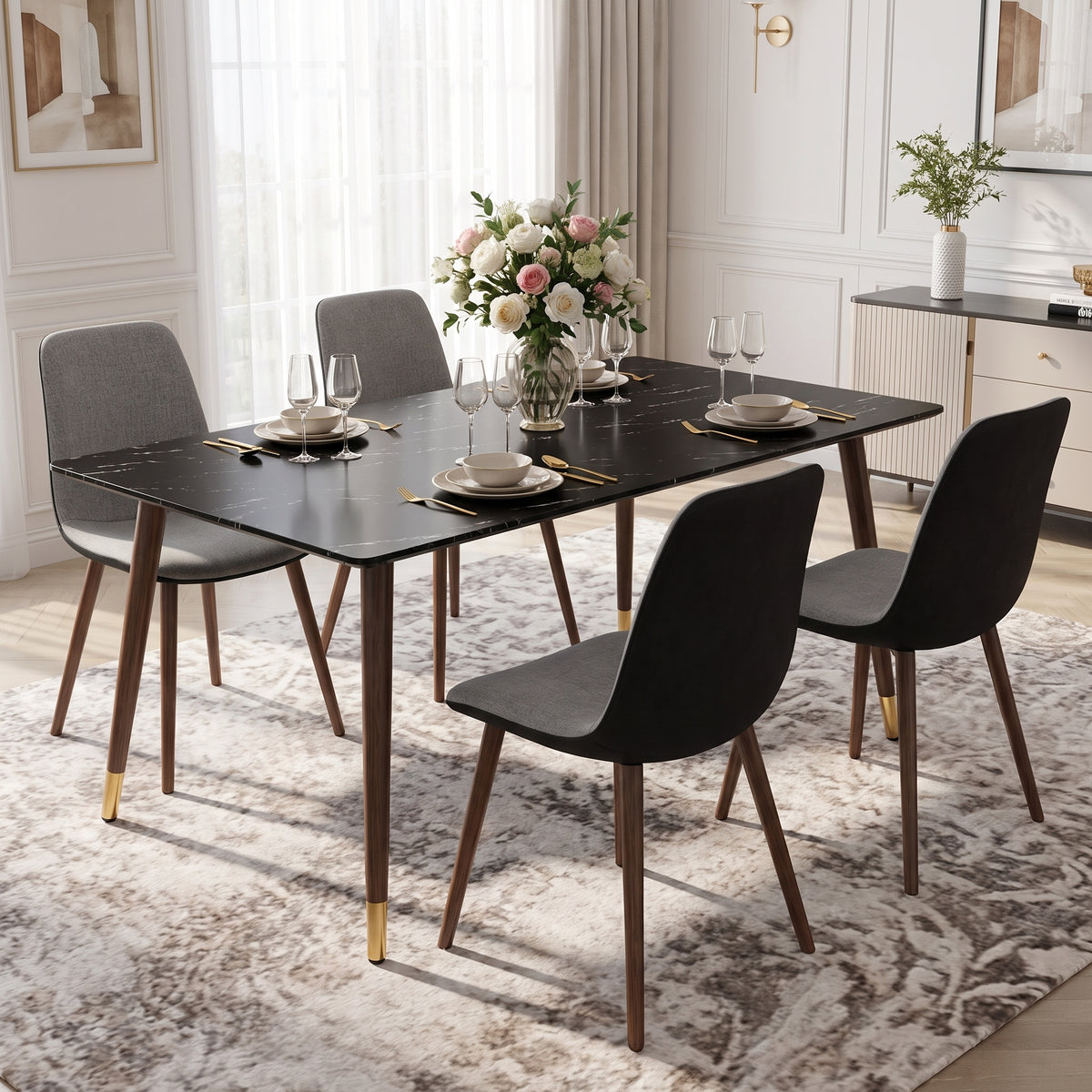 Homy Casa ROSA+SCARGILL 5-Piece Dining Set 55.1" Black Marble Dining Table with 4 Scargill Grey Chairs
