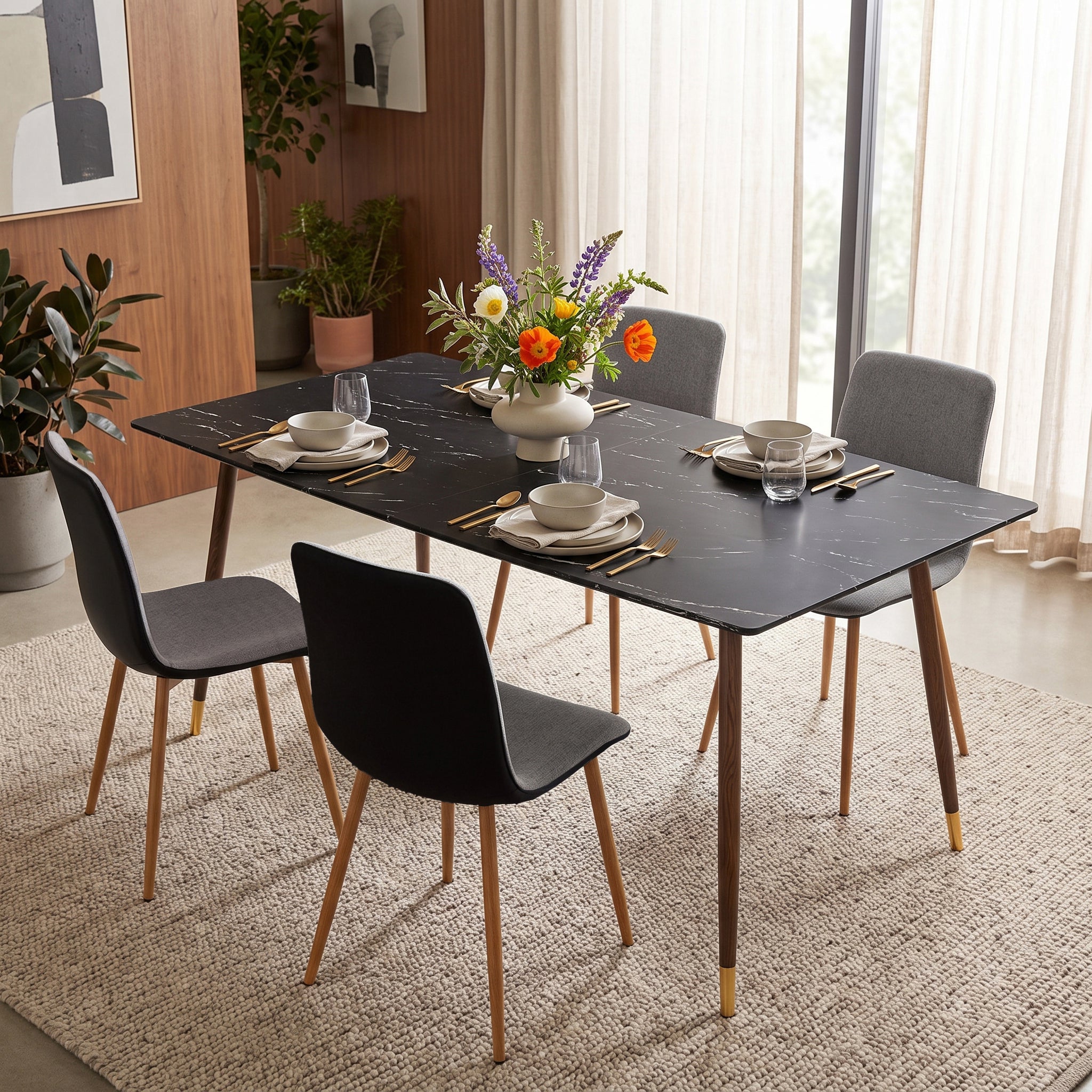 Homy Casa ROSA+SCARGILL 5-Piece Dining Set 55.1" Black Marble Dining Table with 4 Scargill Grey Chairs