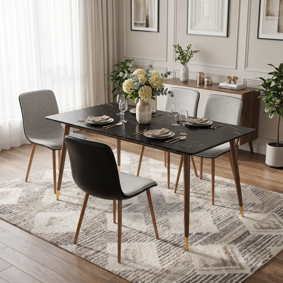 Homy Casa ROSA+SCARGILL 5-Piece Dining Set 55.1" Black Marble Dining Table with 4 Scargill Grey Chairs