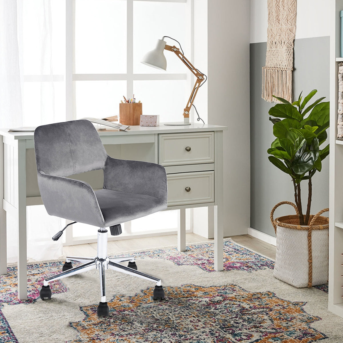 Homy Casa ROSS Swivel Velvet Upholstered Office Chair with Metal Legs in Grey, Open Box