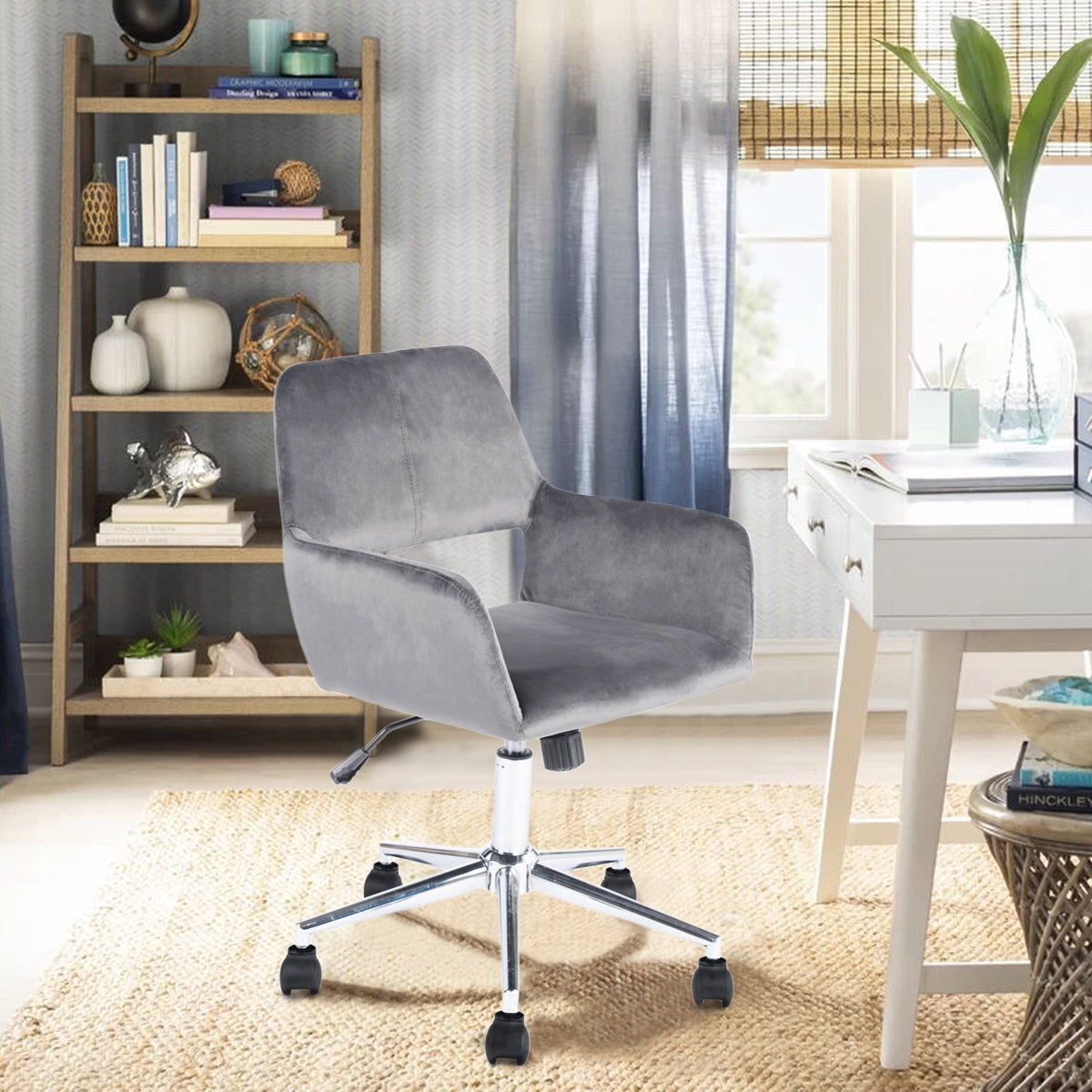 Homy Casa ROSS Swivel Velvet Upholstered Office Chair with Metal Legs in Grey, Open Box