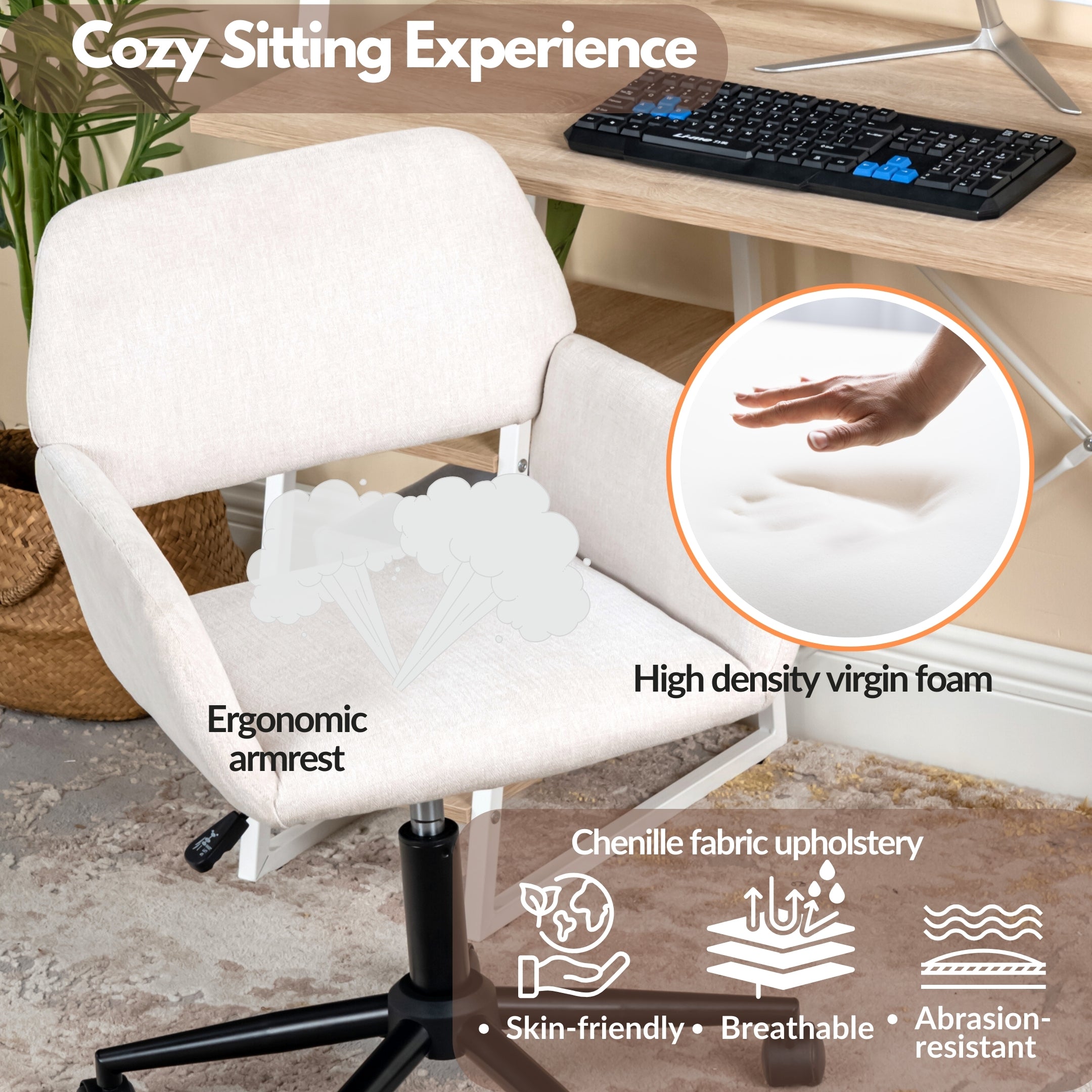 Homy Casa TTULIP+ROSS 2PC Office Furniture Set with Computer Desk and ROSS Beige Chenille Office Chair in Sonoma Oak and Black Open Box