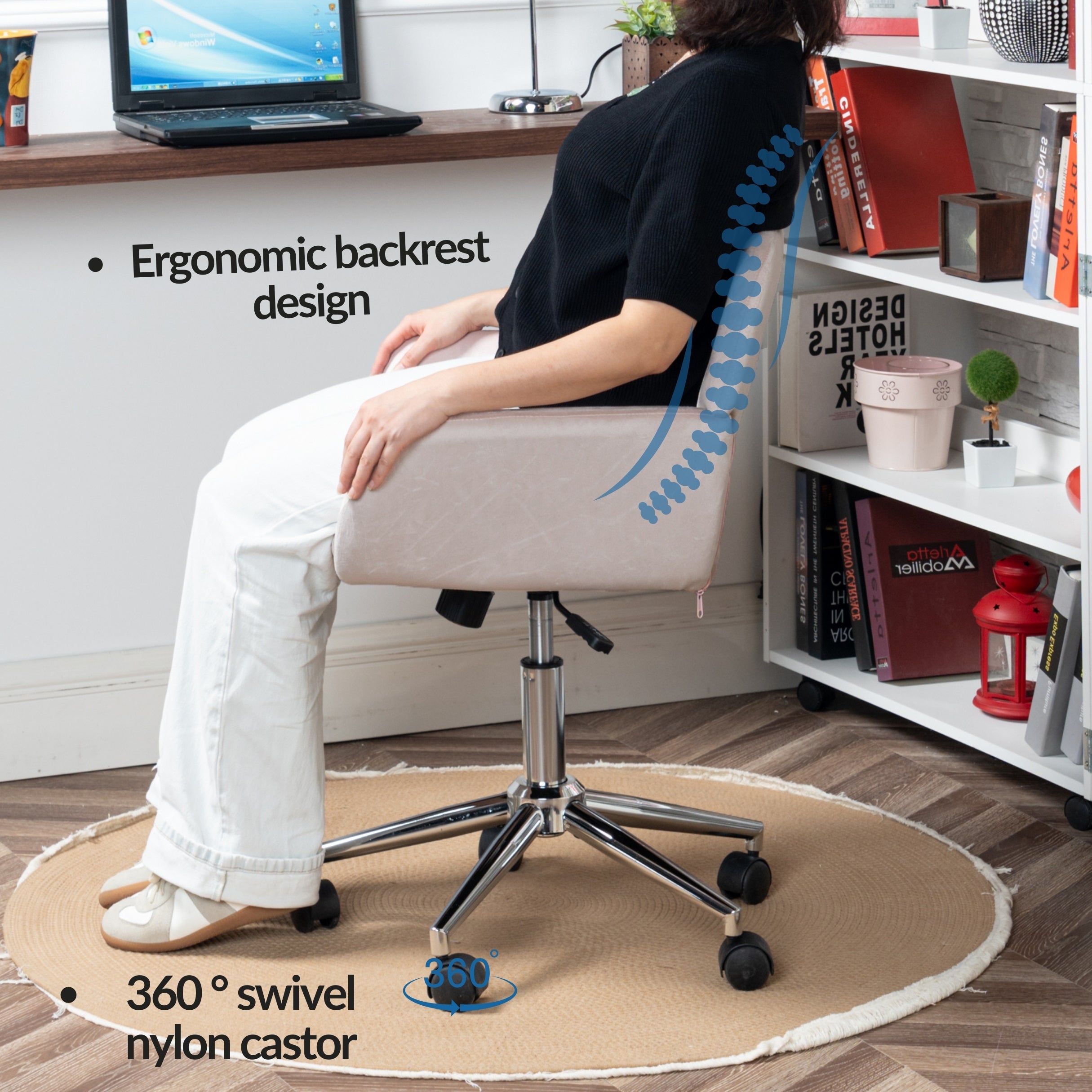 Homy Casa Ross Ergonomic Upholstered Office Chair with Metal Legs,Beige