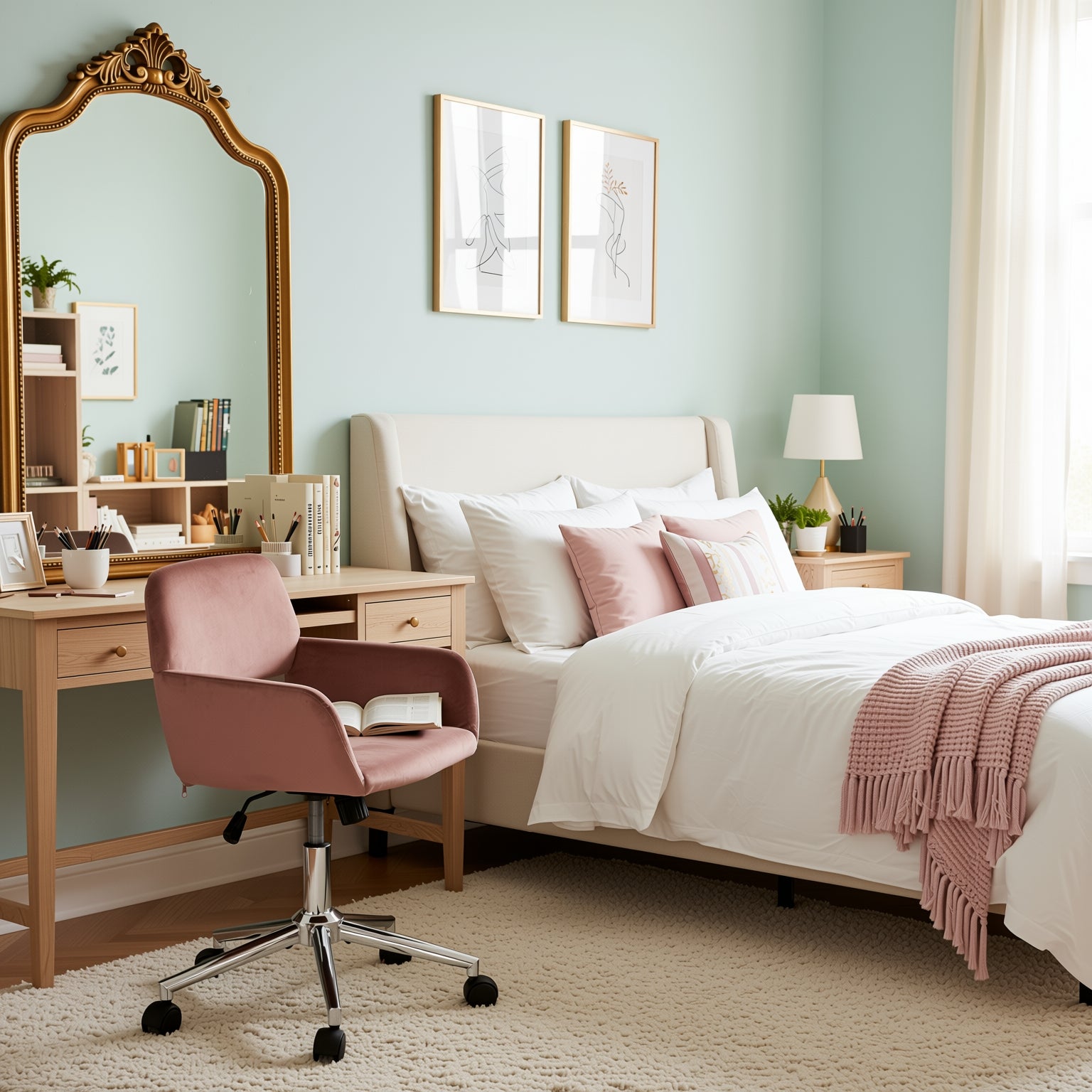 ROSS Velvet Swivel Desk Chair with Arms, Adjustable Height Task Chair on Wheels, Chrome Base, Blush Pink