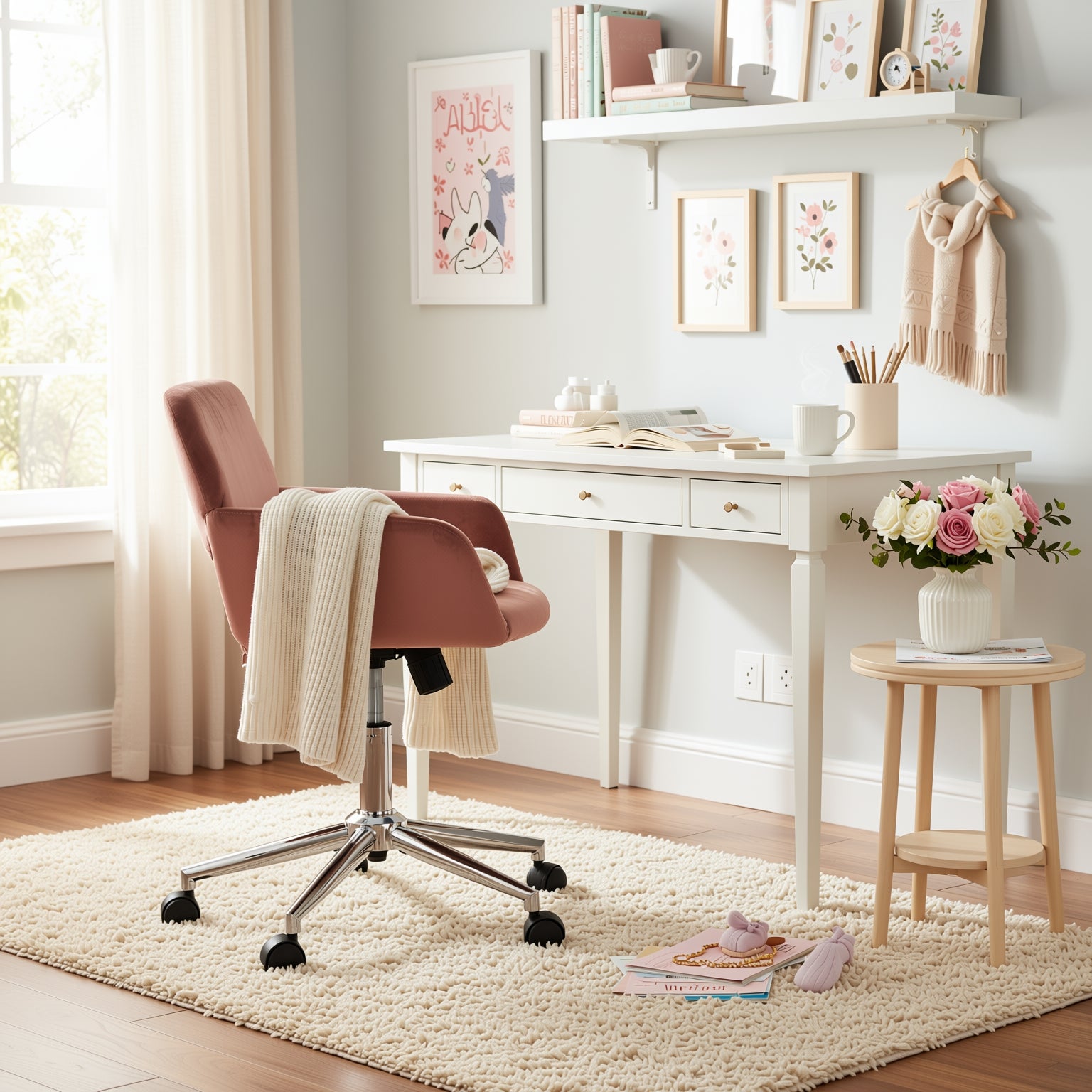 ROSS Velvet Swivel Desk Chair with Arms, Adjustable Height Task Chair on Wheels, Chrome Base, Blush Pink