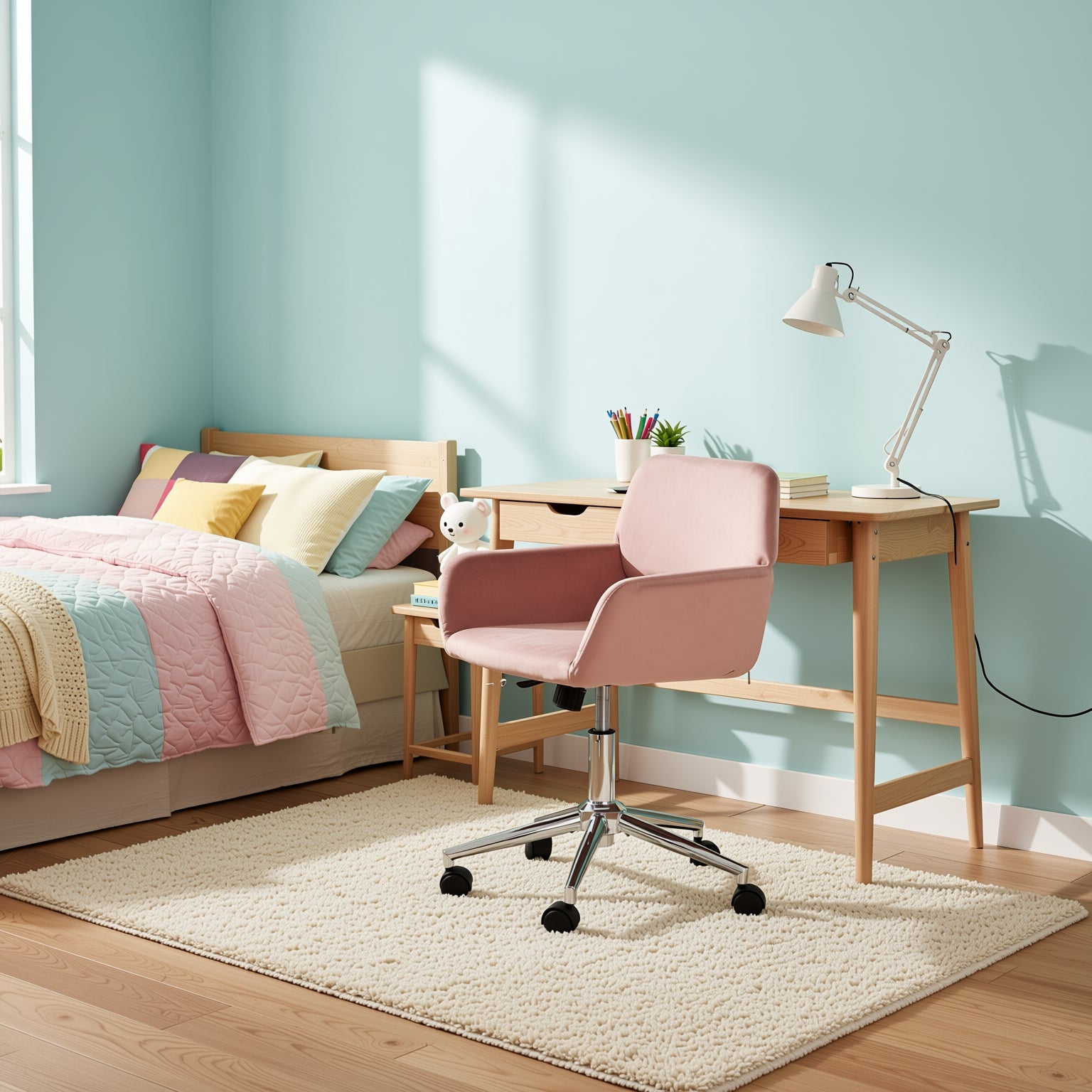 ROSS Velvet Swivel Desk Chair with Arms, Adjustable Height Task Chair on Wheels, Chrome Base, Blush Pink