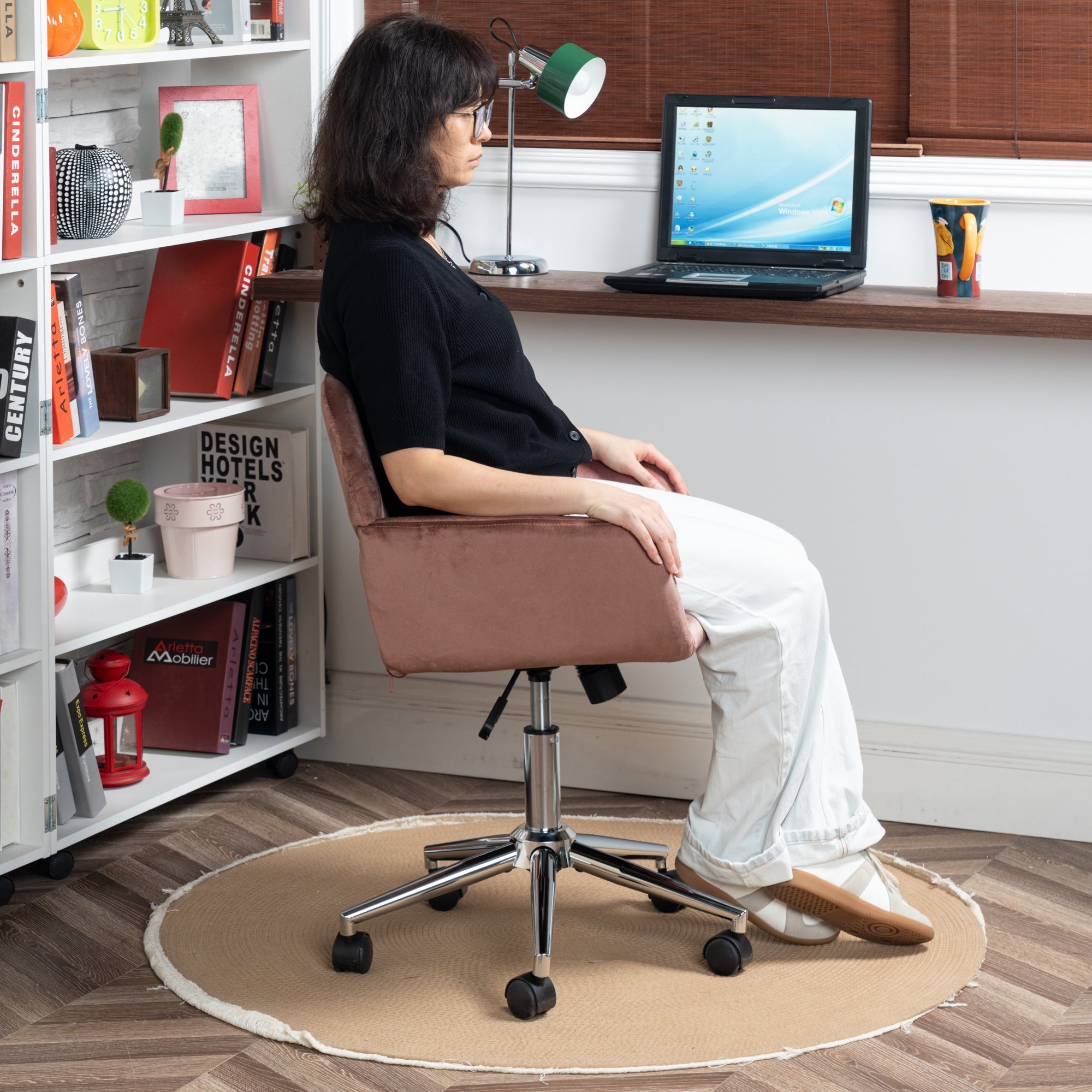 Homy Casa Ross Velvet Swivel Desk Chair with Arms in Dark Rose