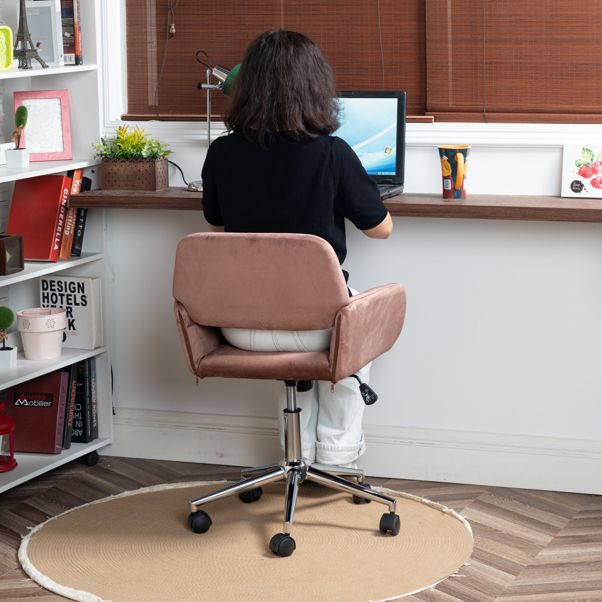 Homy Casa Ross Velvet Swivel Desk Chair with Arms in Dark Rose