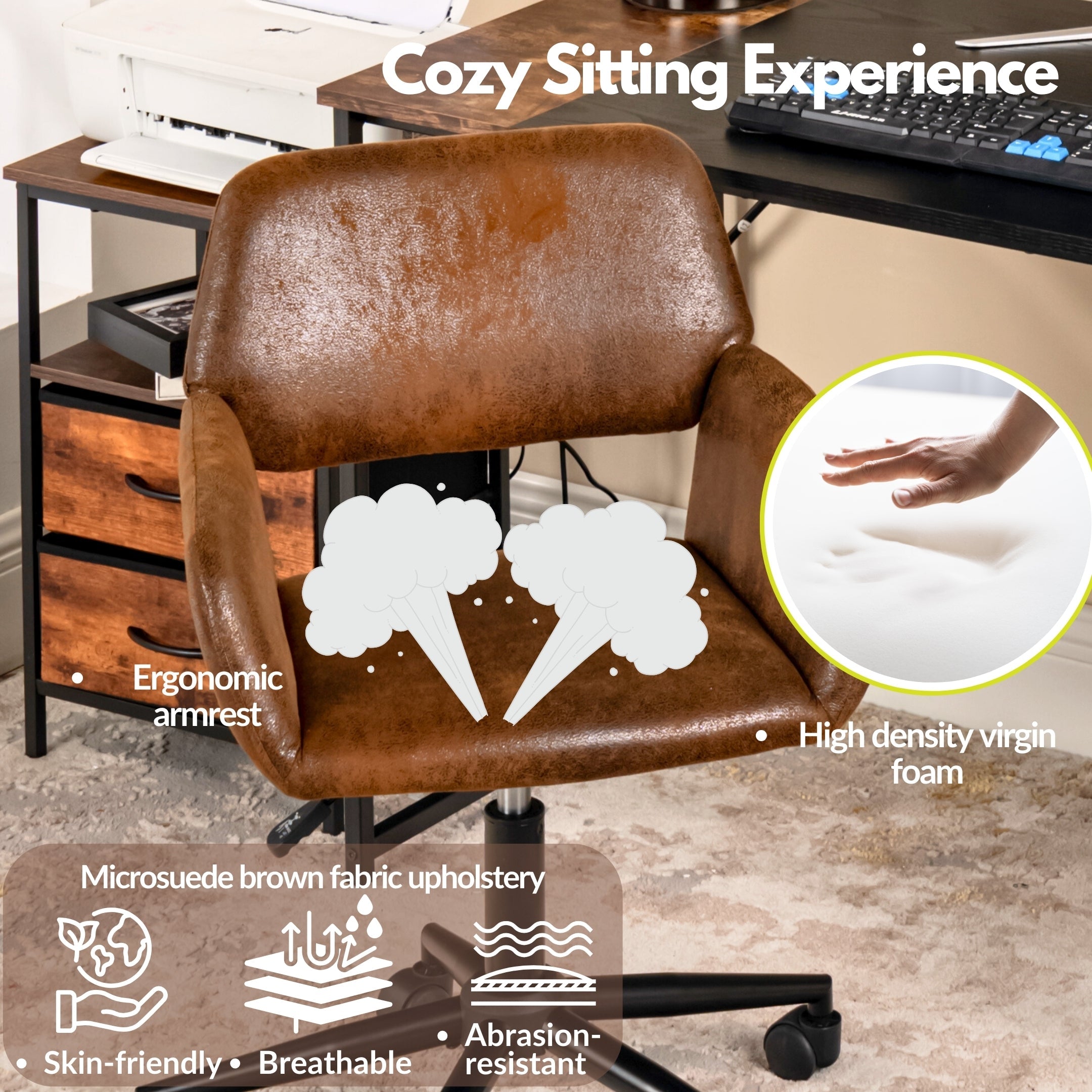 Homy Casa BASELINE+ROSS 2PC Living Room Furniture Set Adjustable Tray Table with Faux Suede Office Chair in Black & Brown Open Box