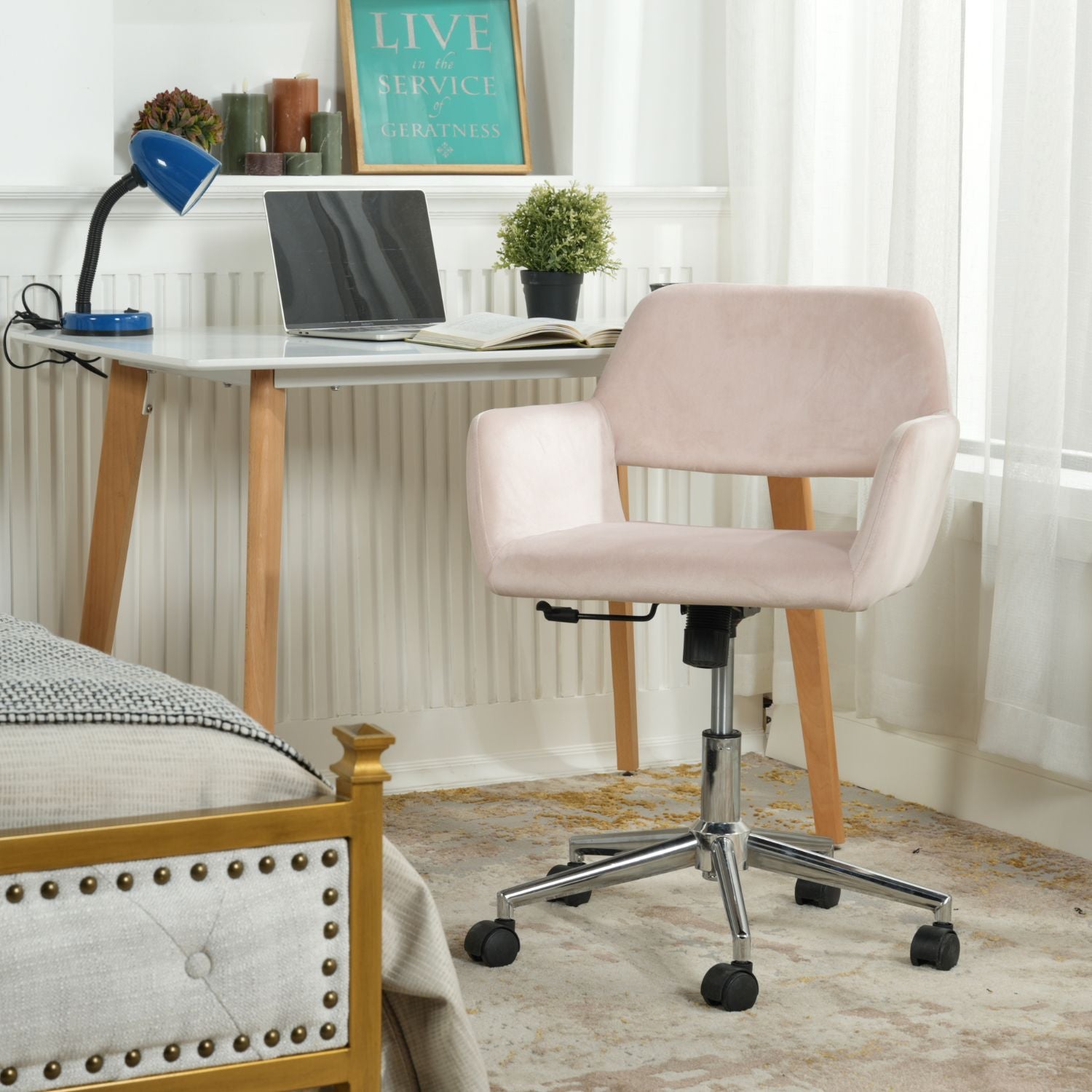 ROSS Velvet Swivel Desk Chair with Arms, Adjustable Height Task Chair on Wheels, Chrome Base, Blush Pink
