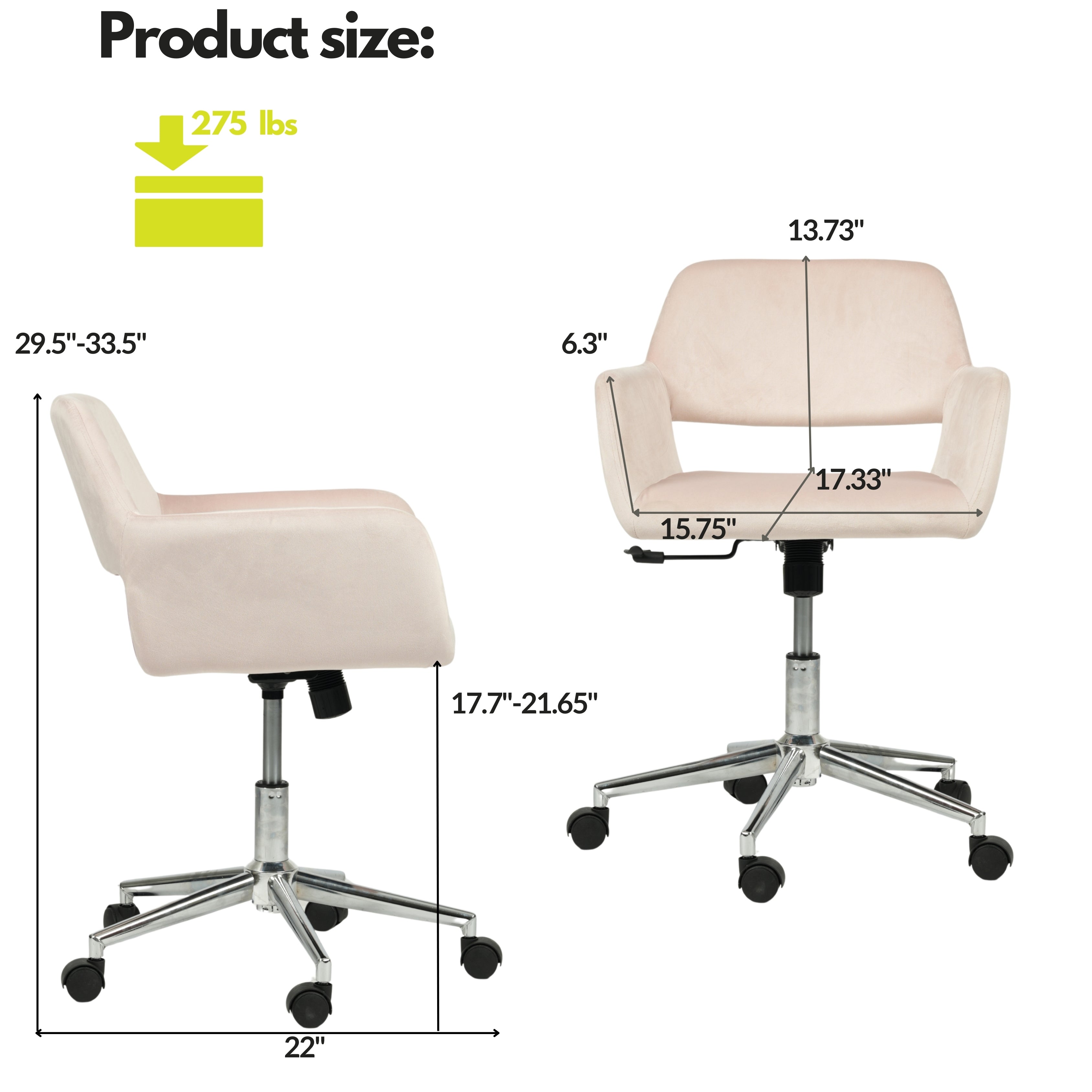 ROSS Velvet Swivel Desk Chair with Arms, Adjustable Height Task Chair on Wheels, Chrome Base, Blush Pink