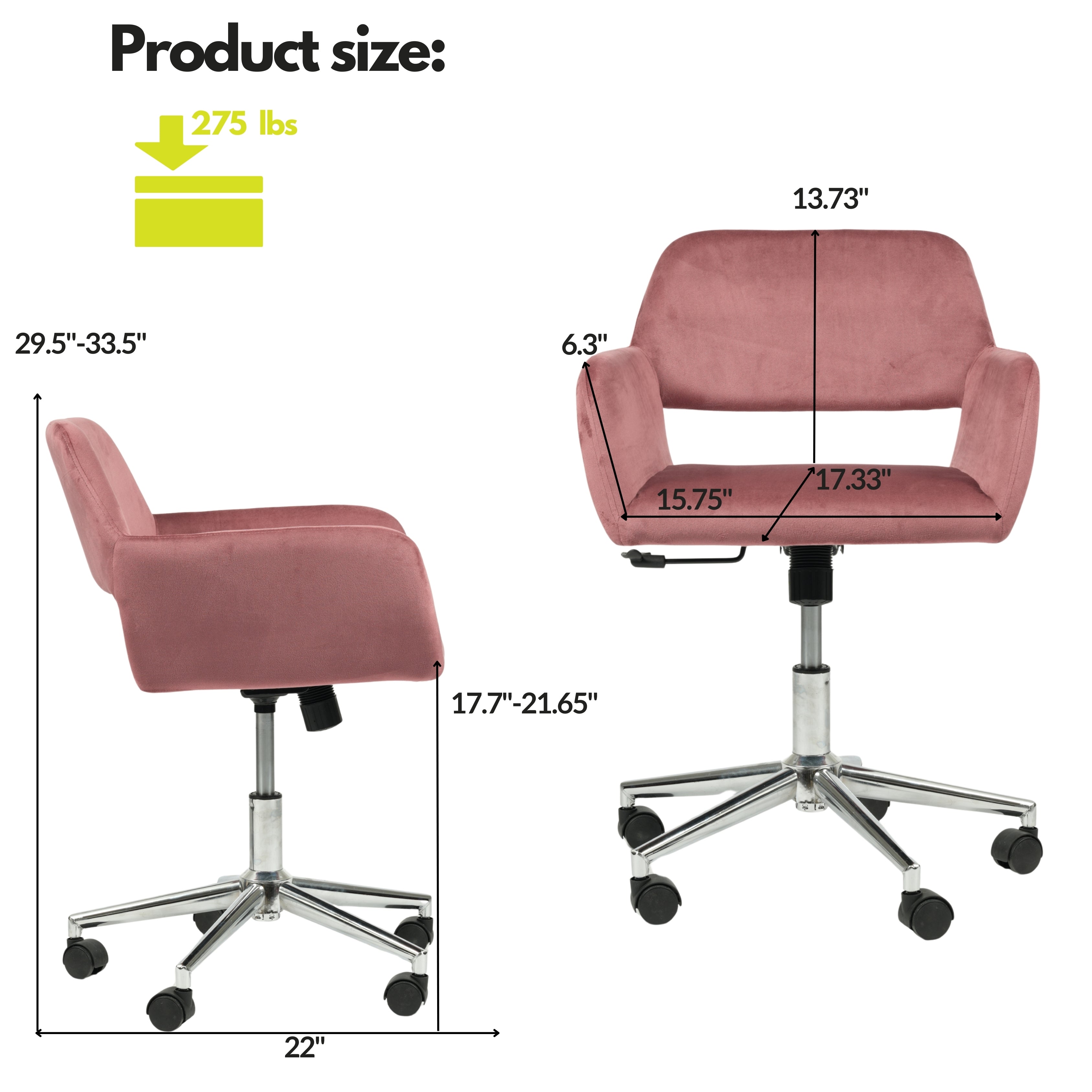 ROSS Velvet Swivel Desk Chair with Arms, Adjustable Height Task Chair on Wheels, Chrome Base, Blush Pink