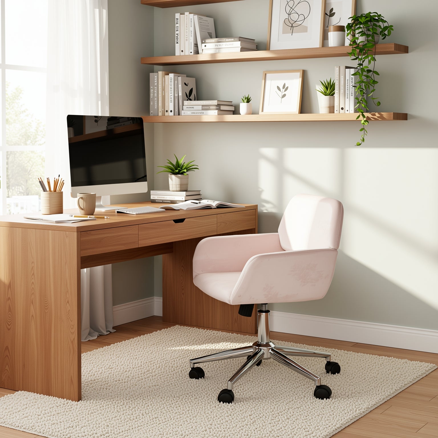 ROSS Velvet Swivel Desk Chair with Arms, Adjustable Height Task Chair on Wheels, Chrome Base, Blush Pink